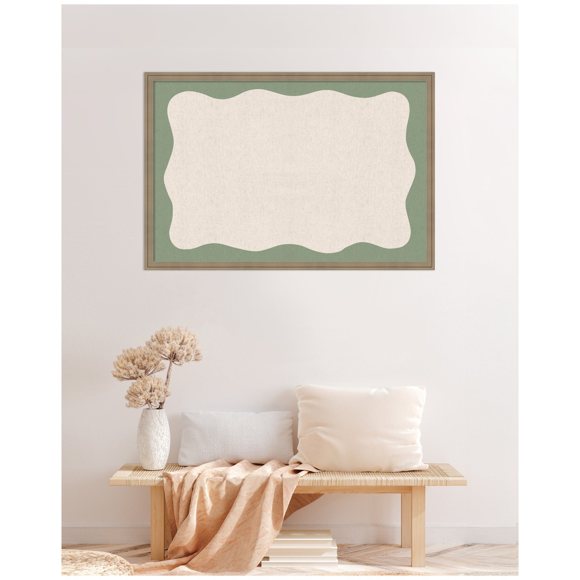 Framed Fabric Pinboard Wavy Neutral Linen and Green Wall Organization