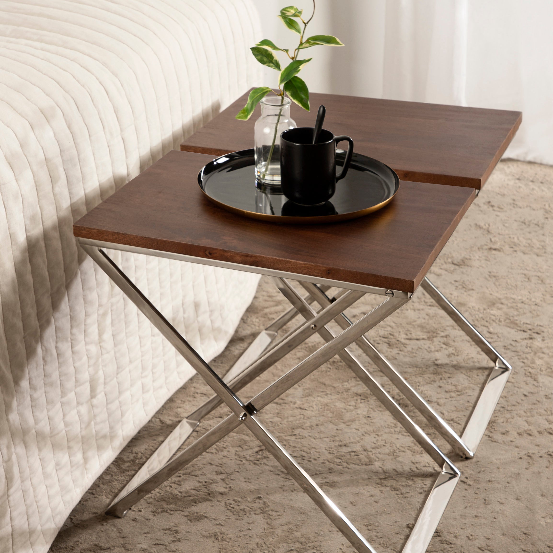 Side Table Walnut Brown Silver 20x14x20 8