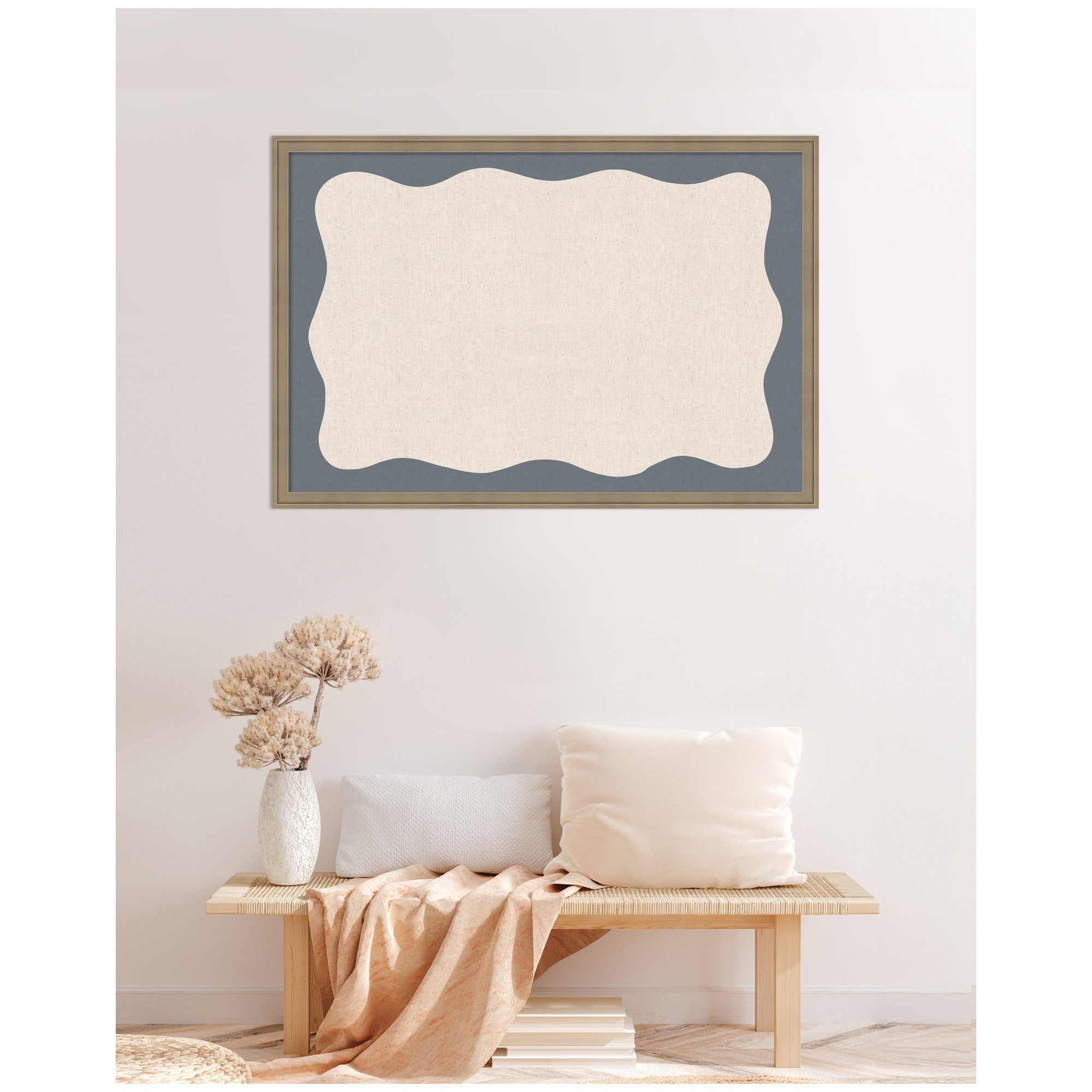 Framed Fabric Pinboard Wavy Linen and Smokey Blue Wall Organization