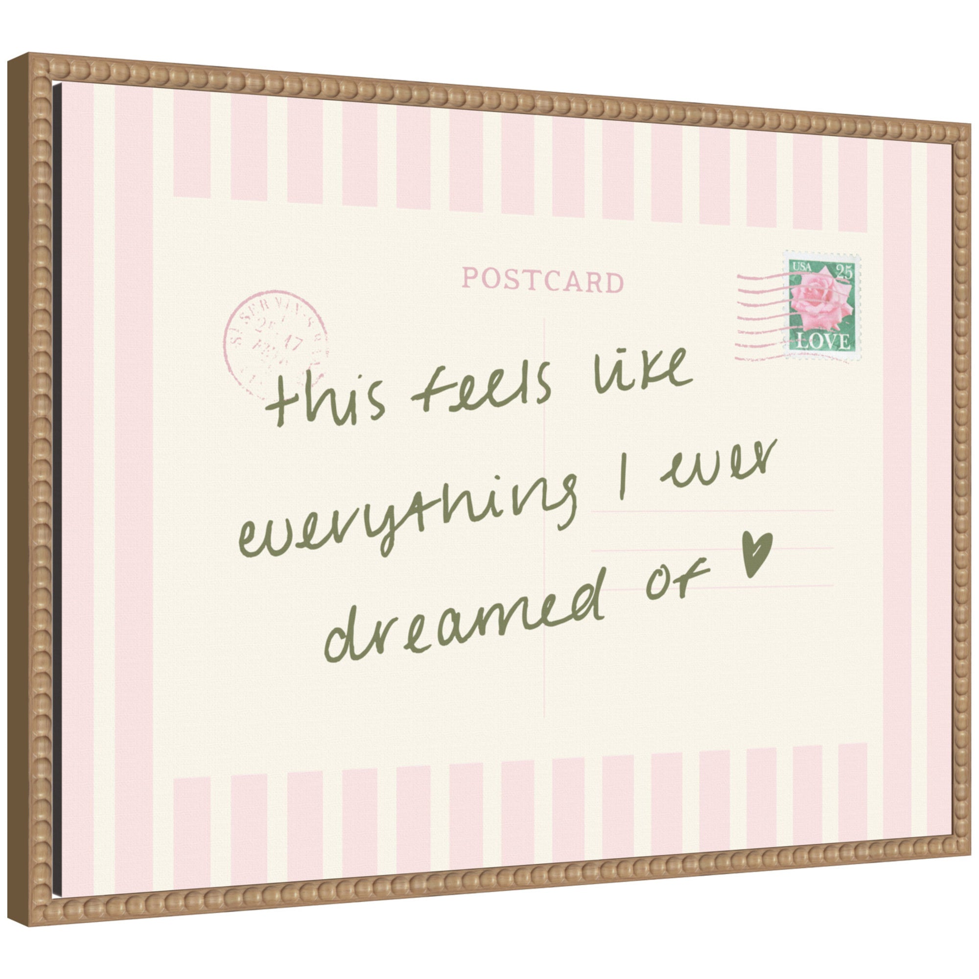 Vintage Postcard Print Pink Stripe Travel Dream by Lucky Guava Framed Canvas Wall Art Print