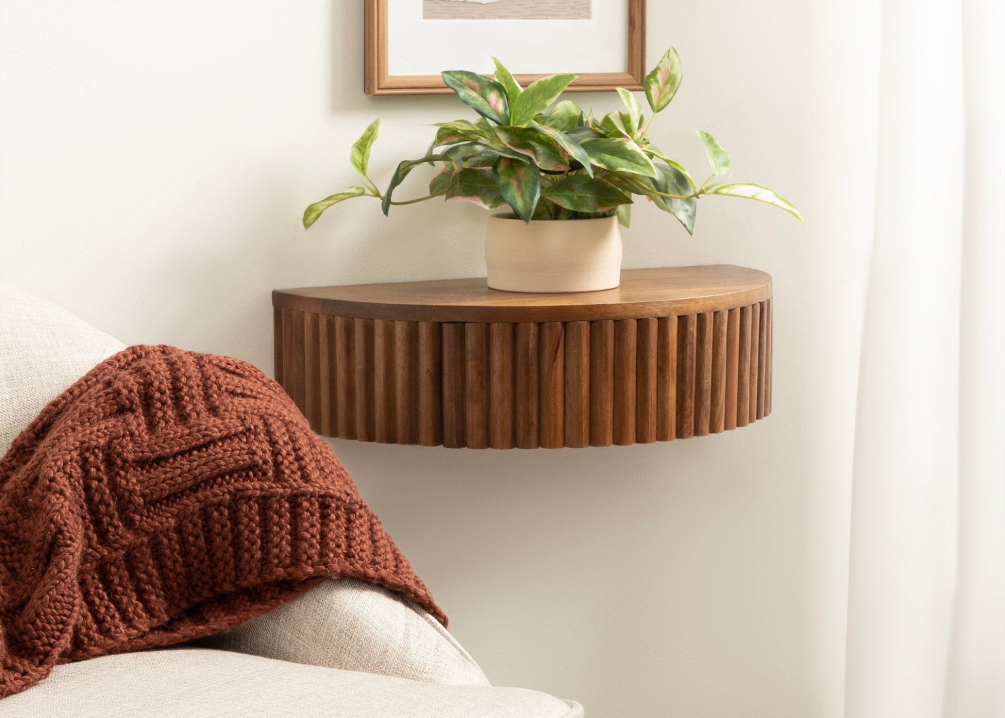 Futon with a brown blanket, plant on a wooden shelf, and framed picture on the wall.