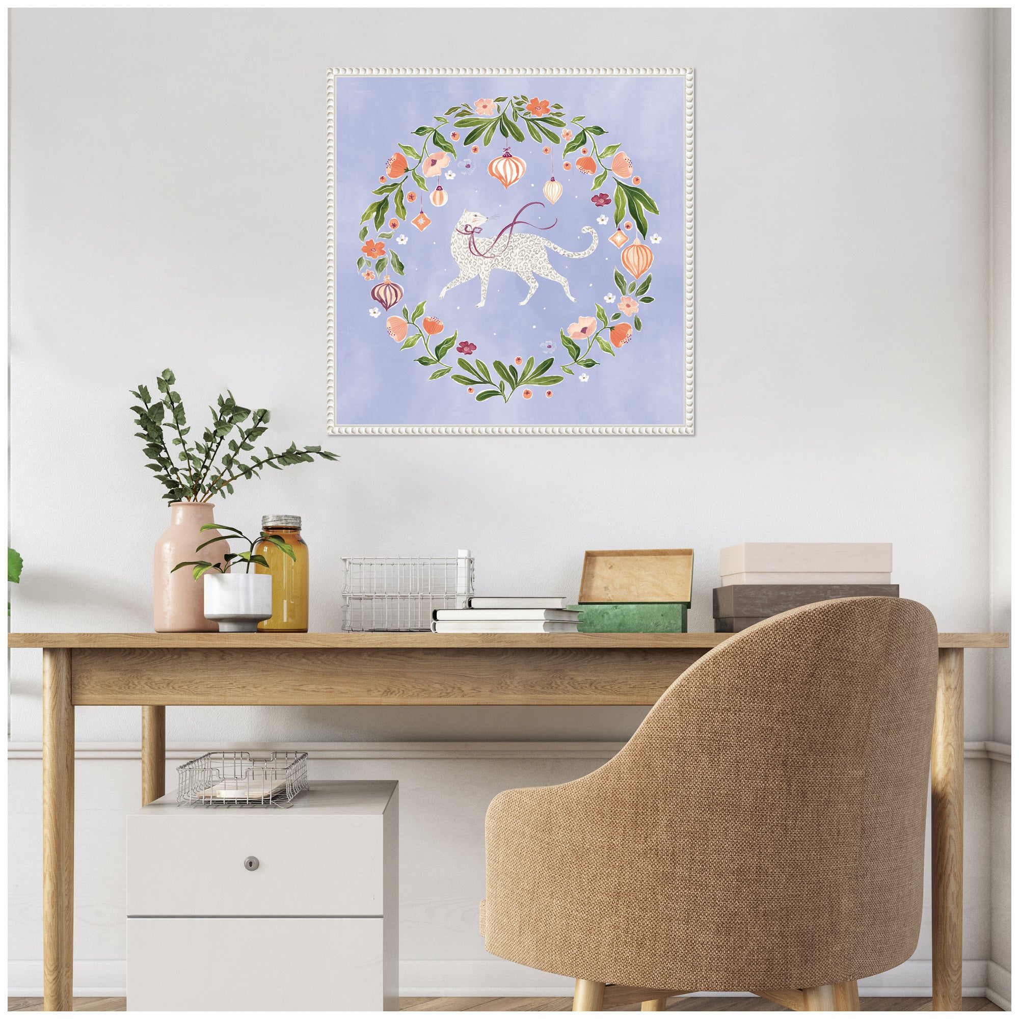 Cat Botanical Wreath by Jill Labieniec Framed Canvas Wall Art Print