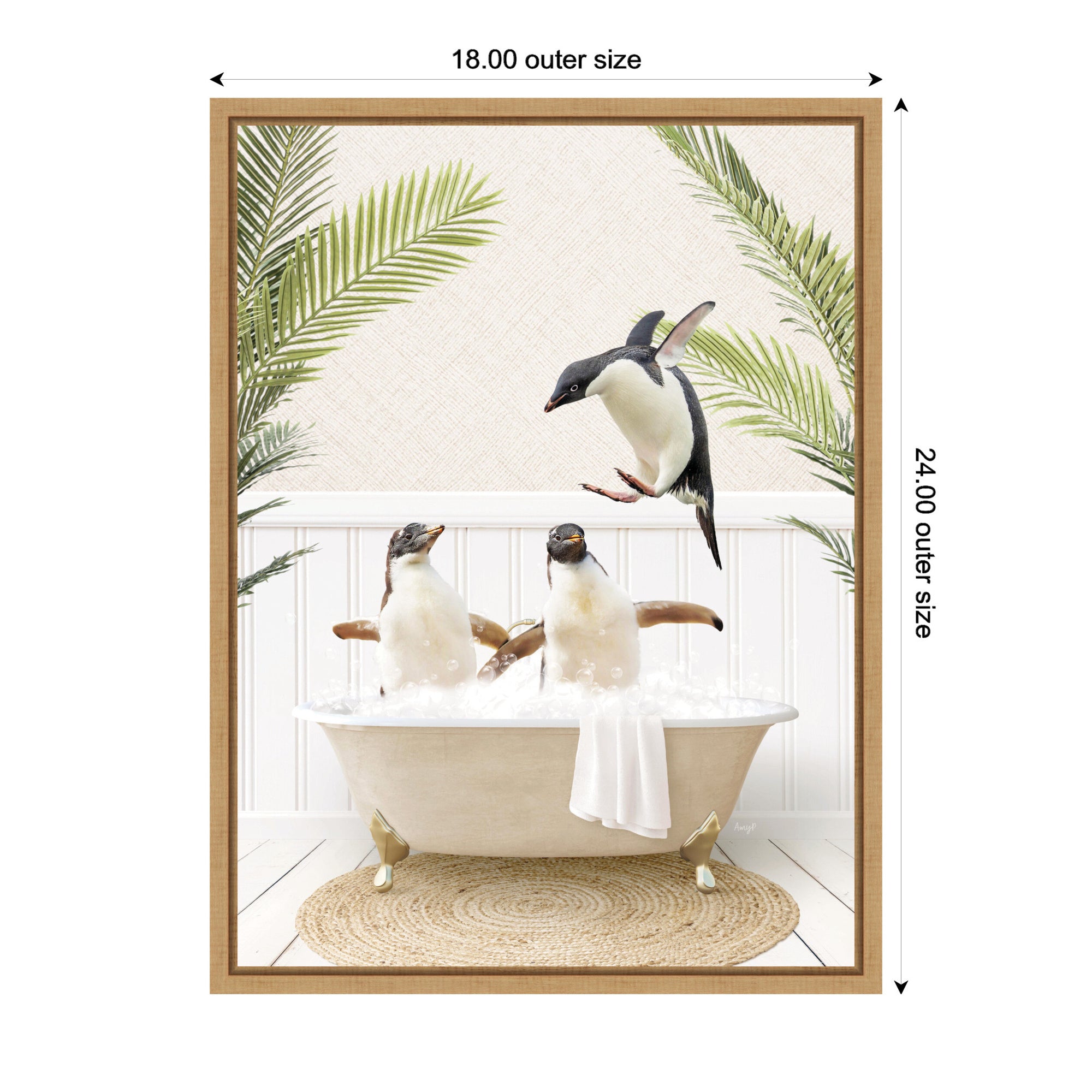 Sylvie Penguins in Palms Bath Framed Canvas by Amy Peterson