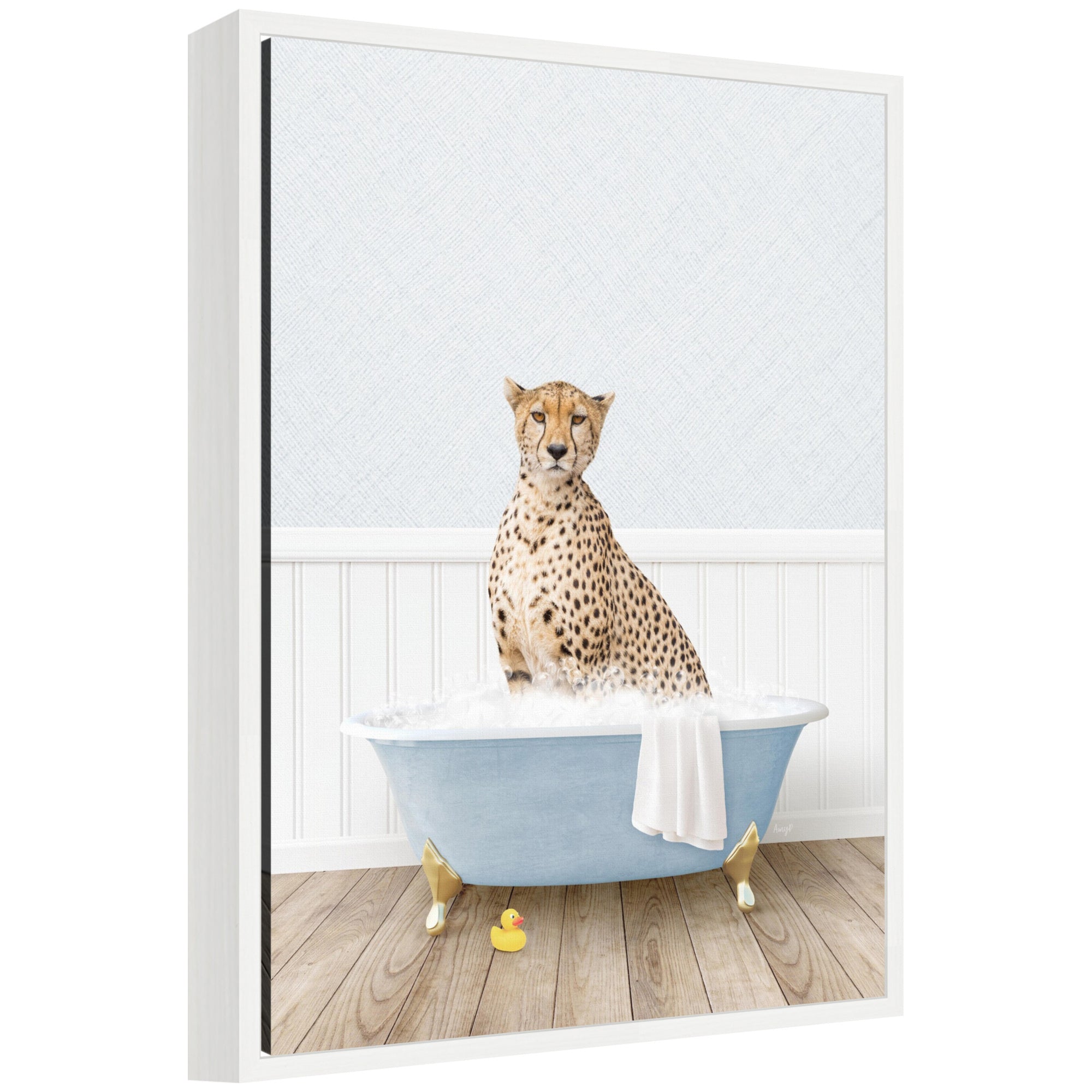 Sylvie Cheetah in Cottage Blue Bathtub Framed Canvas by Amy Peterson
