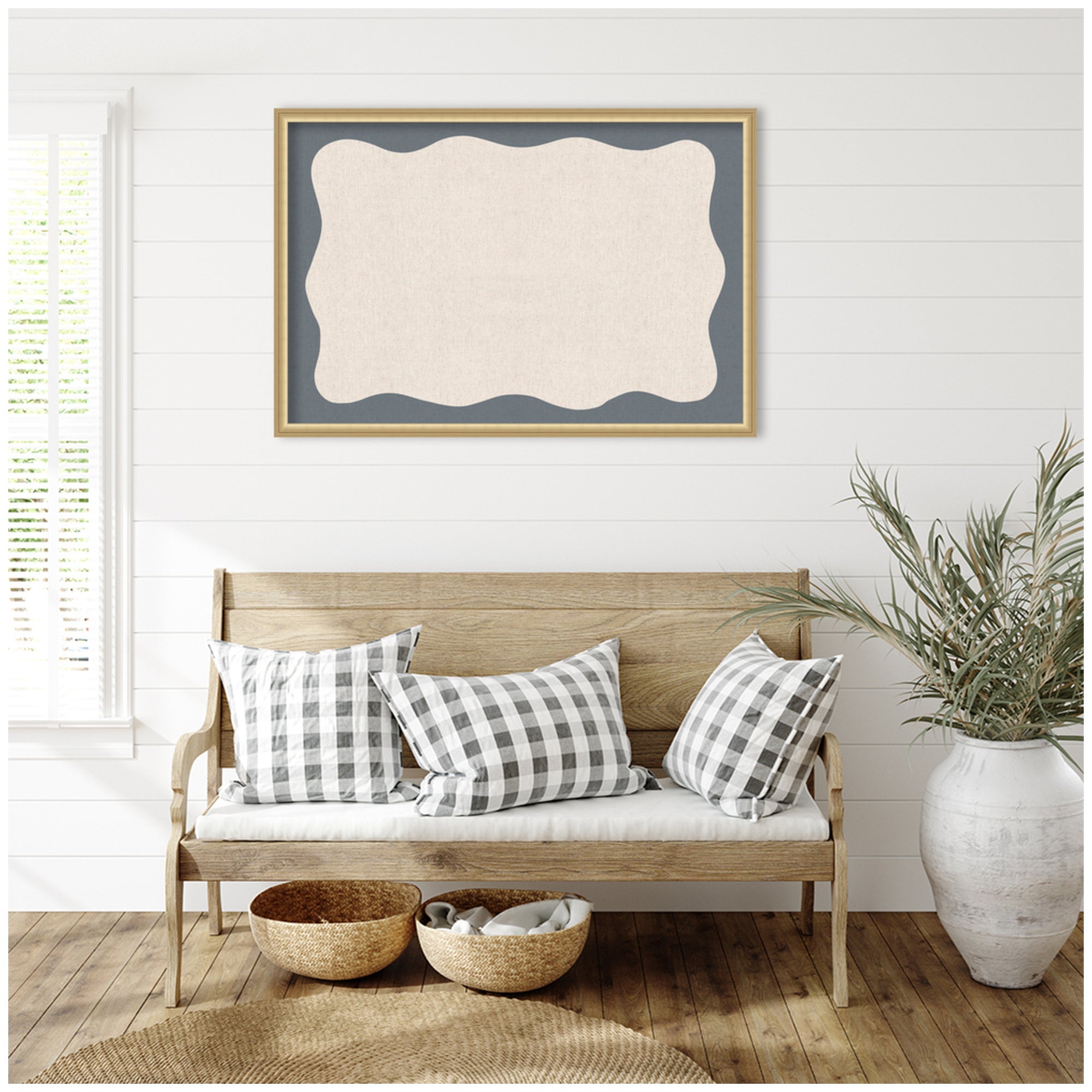 Framed Fabric Pinboard Wavy Linen and Smokey Blue Wall Organization