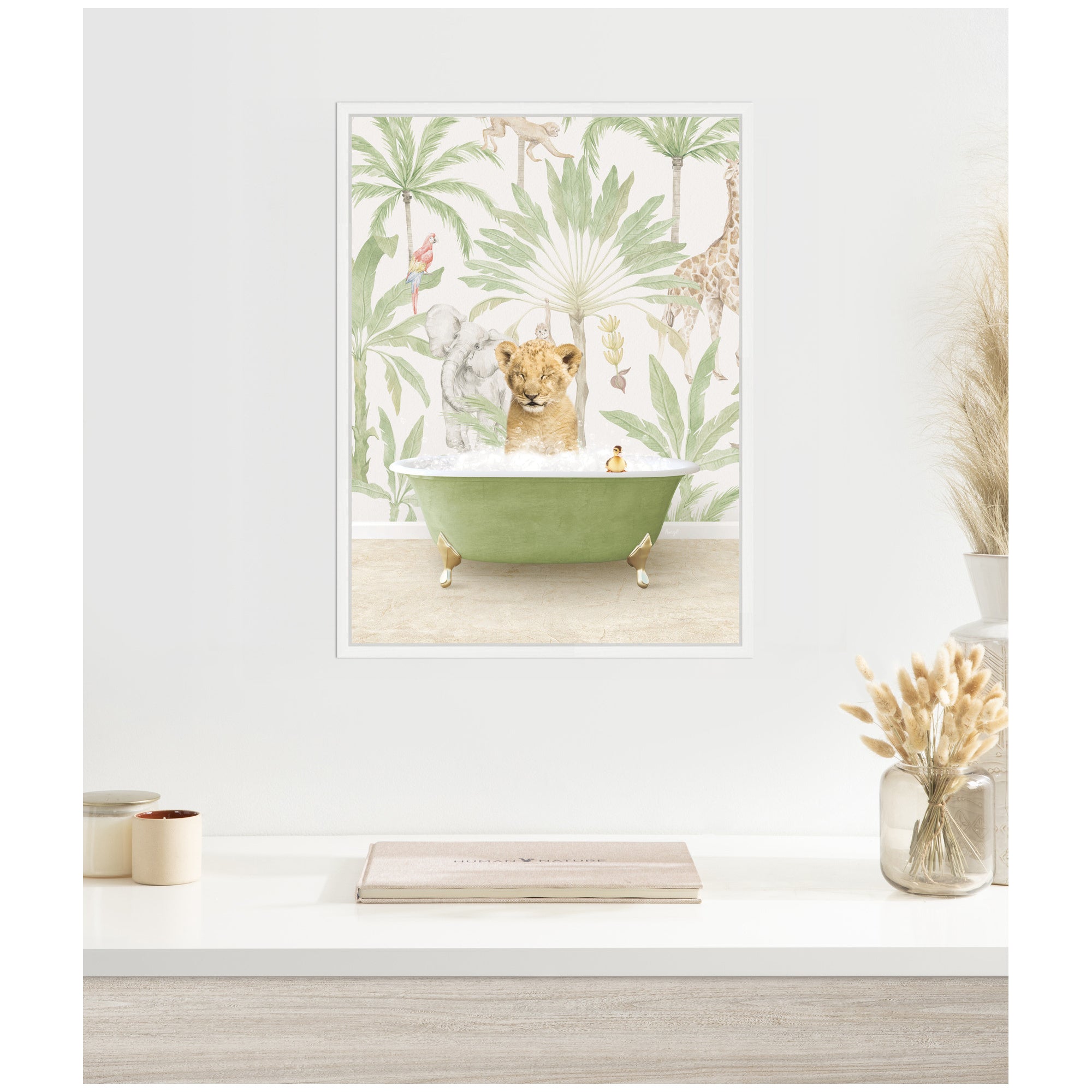 Sylvie Lion Cub in Wild Safari Bathtub Framed Canvas by Amy Peterson