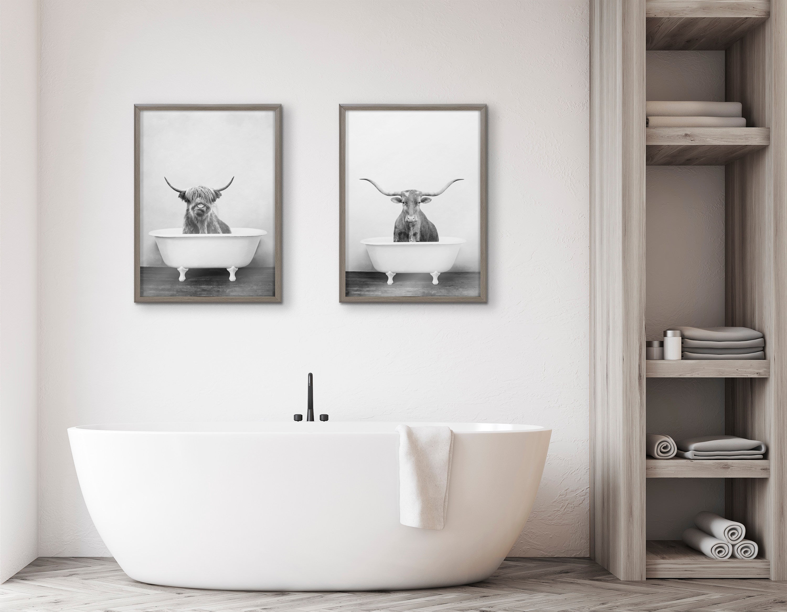 Blake Highland Cow in the Tub BW Framed Printed Glass by Amy Peterson Art Studio