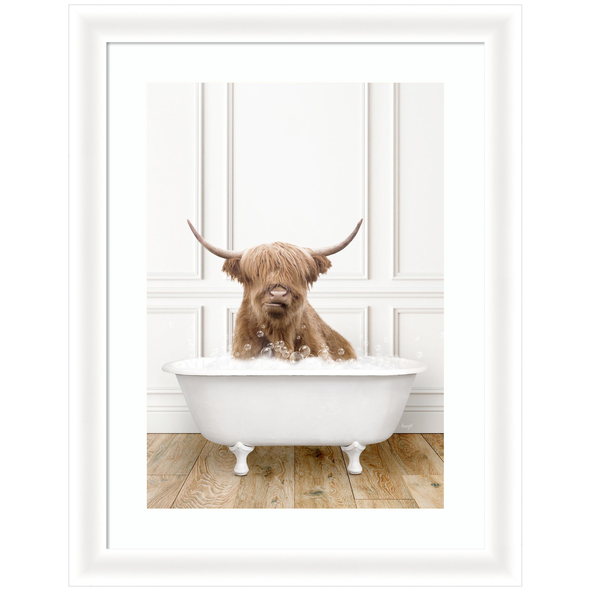 Highland Cow in Traditional Vintage Bathtub by Amy Peterson Framed Wall Art Print