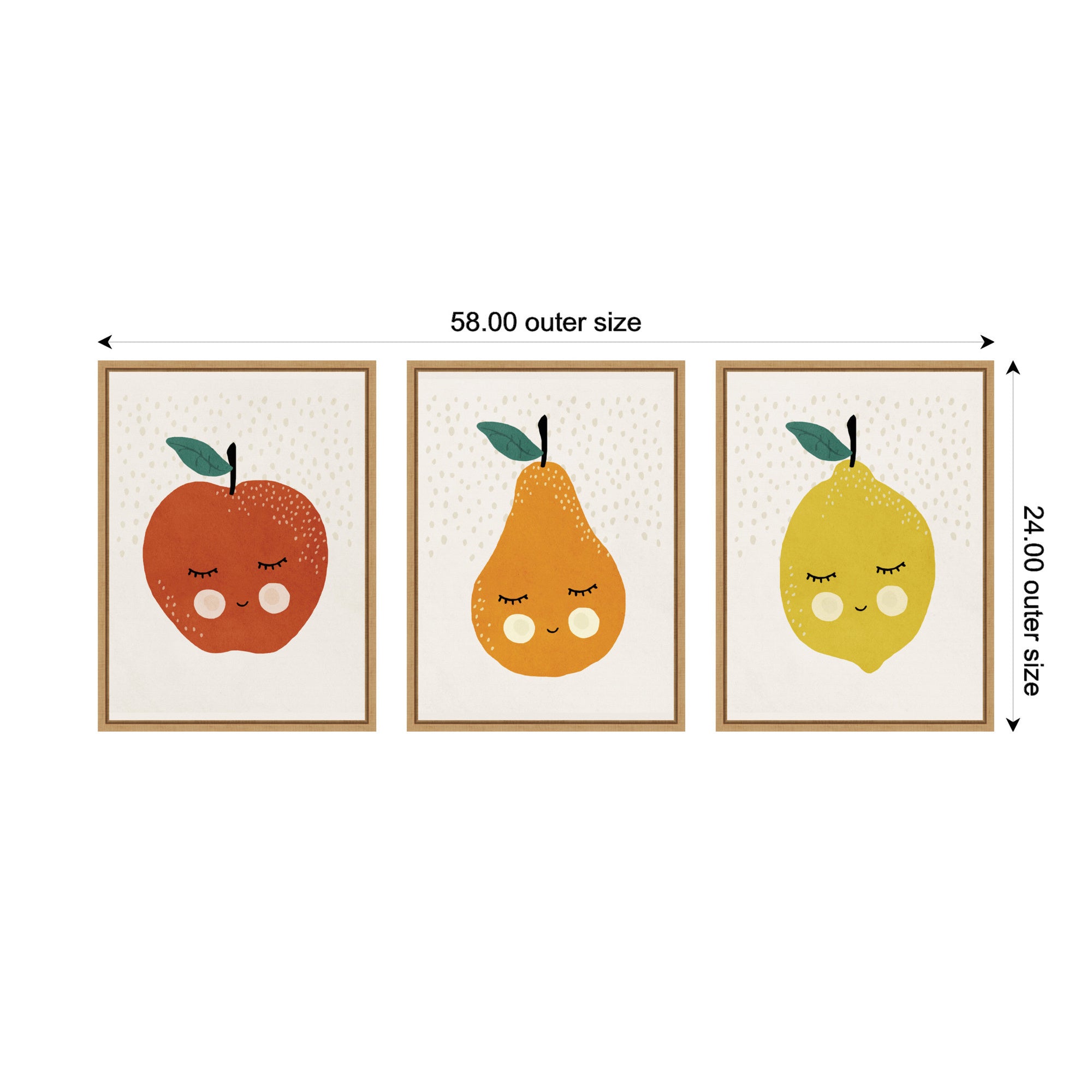 Cute Apple Lemon Pear 3 Piece Framed Canvas Wall Art Set by July Art Prints