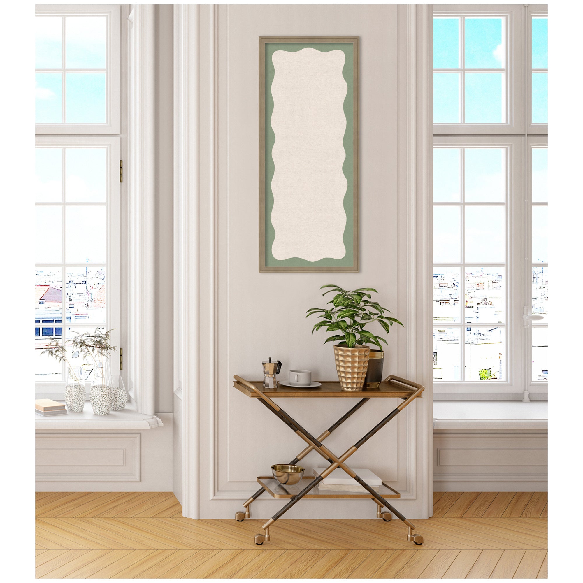 Framed Fabric Pinboard Wavy Neutral Linen and Green Wall Organization