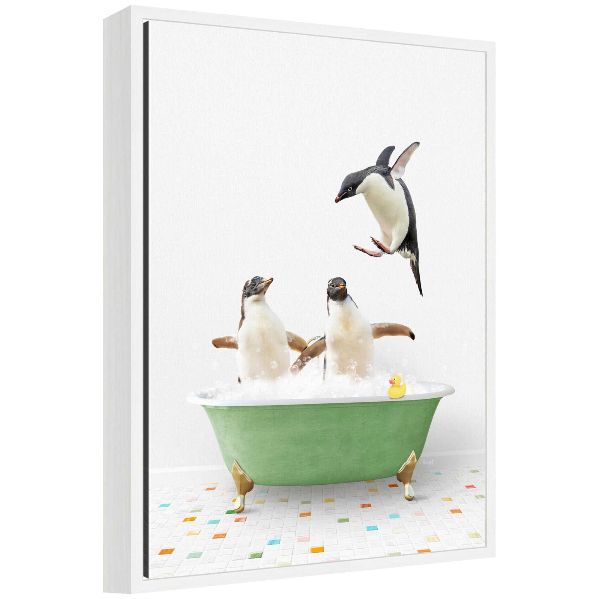Sylvie Penguins in Green Bathtub on Colored Tile Framed Canvas by Amy Peterson