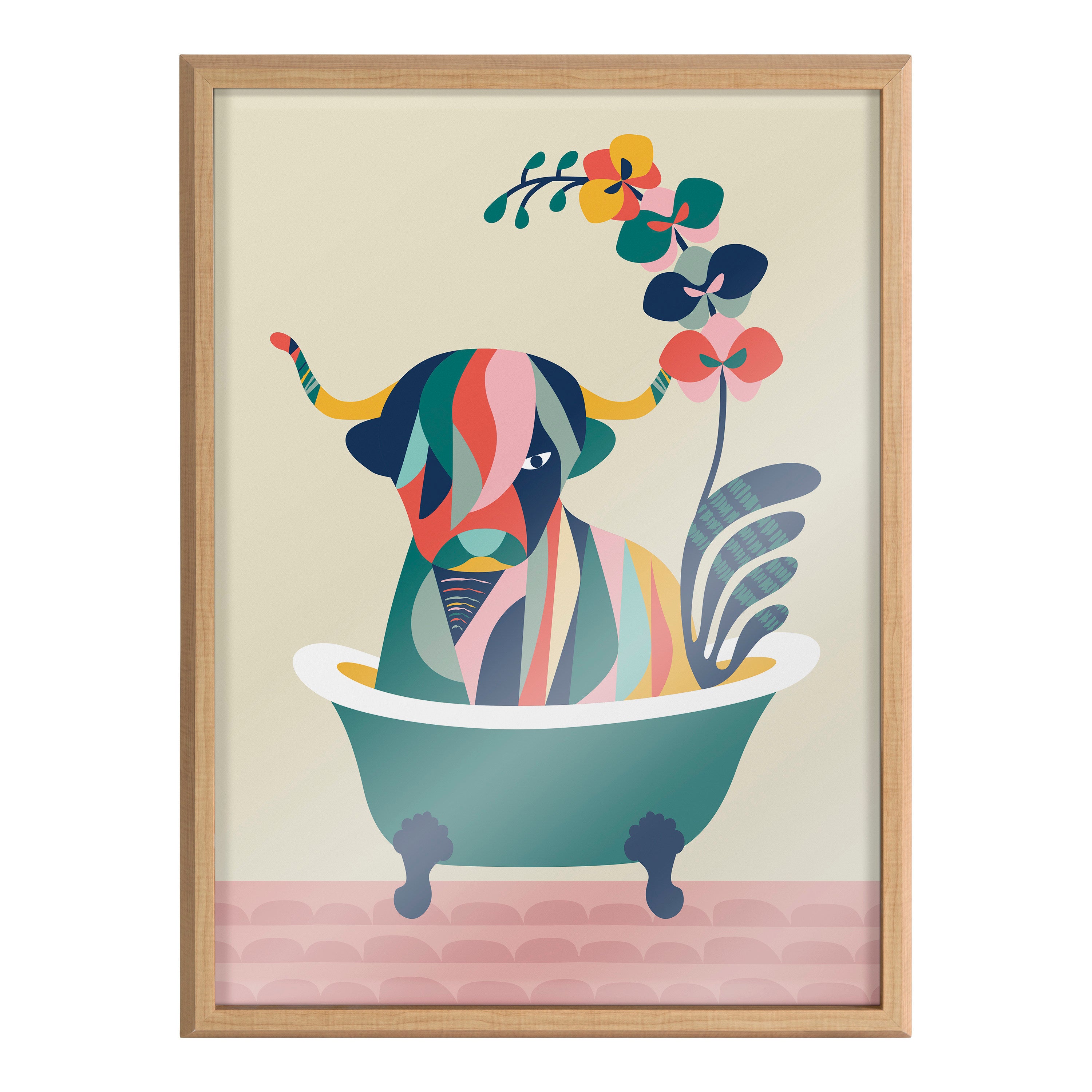 Blake Mid Century Modern Cow in Bathtub Framed Printed Glass by Rachel Lee of My Dream Wall