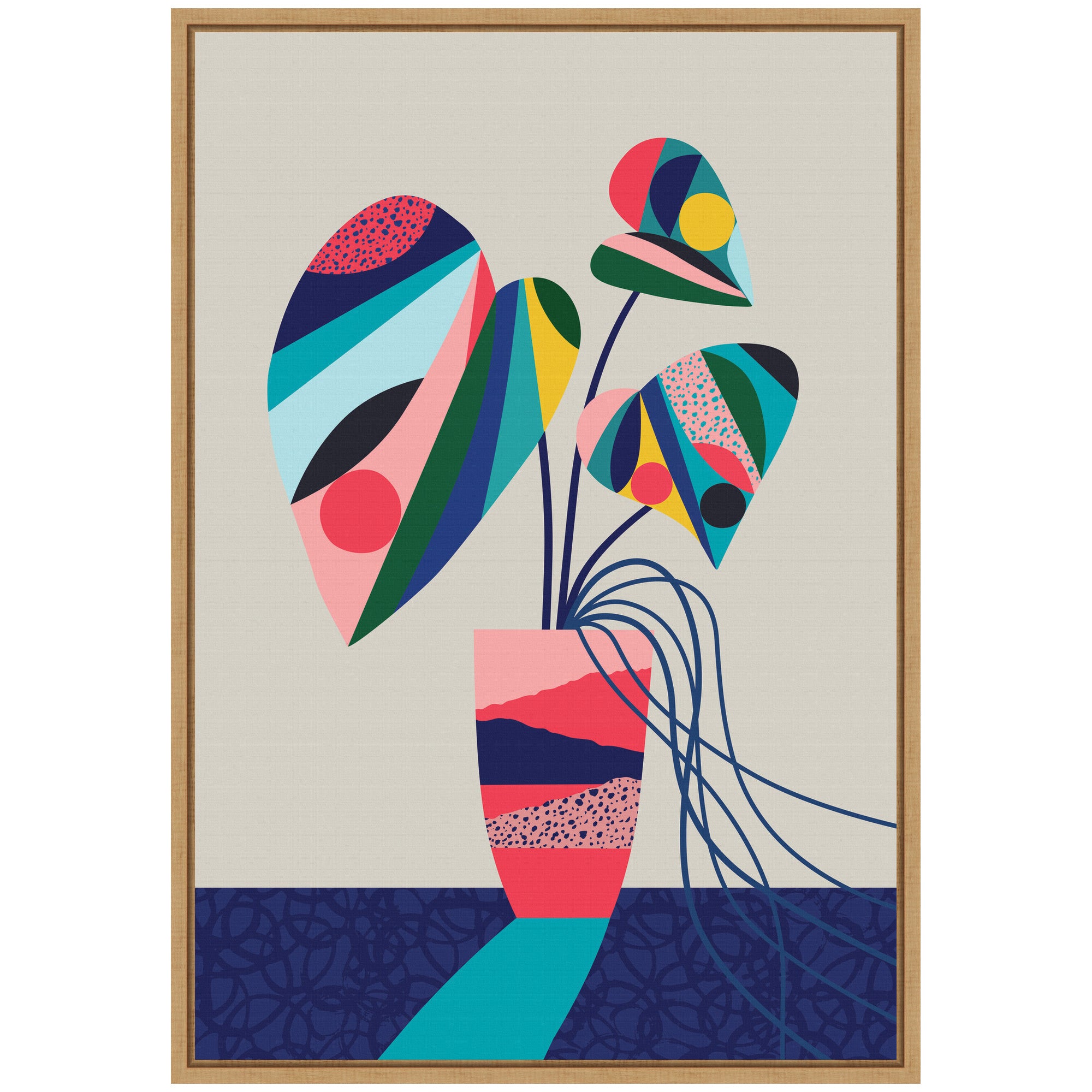 Sylvie MCM Blue and Pink Monstera Framed Canvas by Rachel Lee