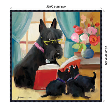 A framed canvas art print featuring a painting of a large black dog with glasses and two smaller dogs wearing pink collars, sitting in front of a book with a colorful background including flowers and a blue curtain.