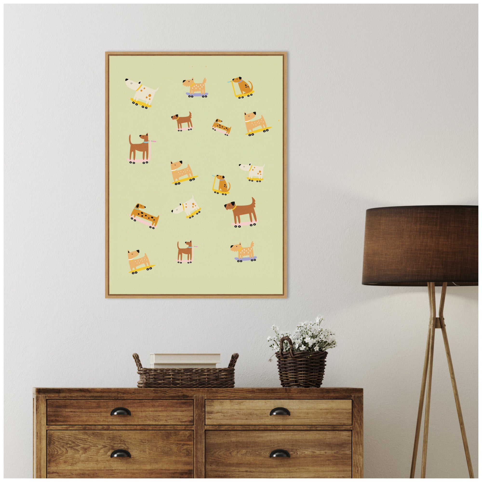 Playful Skateboarding Dogs by Laura Moss Framed Canvas Wall Art Print