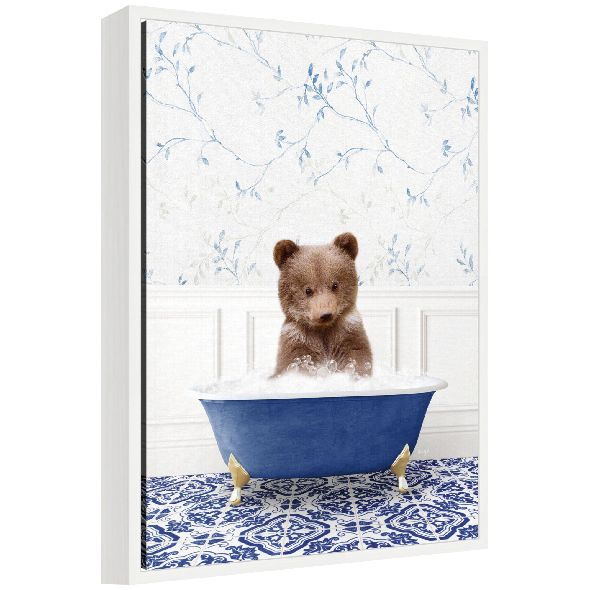 Sylvie Bear Cub in Eclectic Blue Bathtub Framed Canvas by Amy Peterson