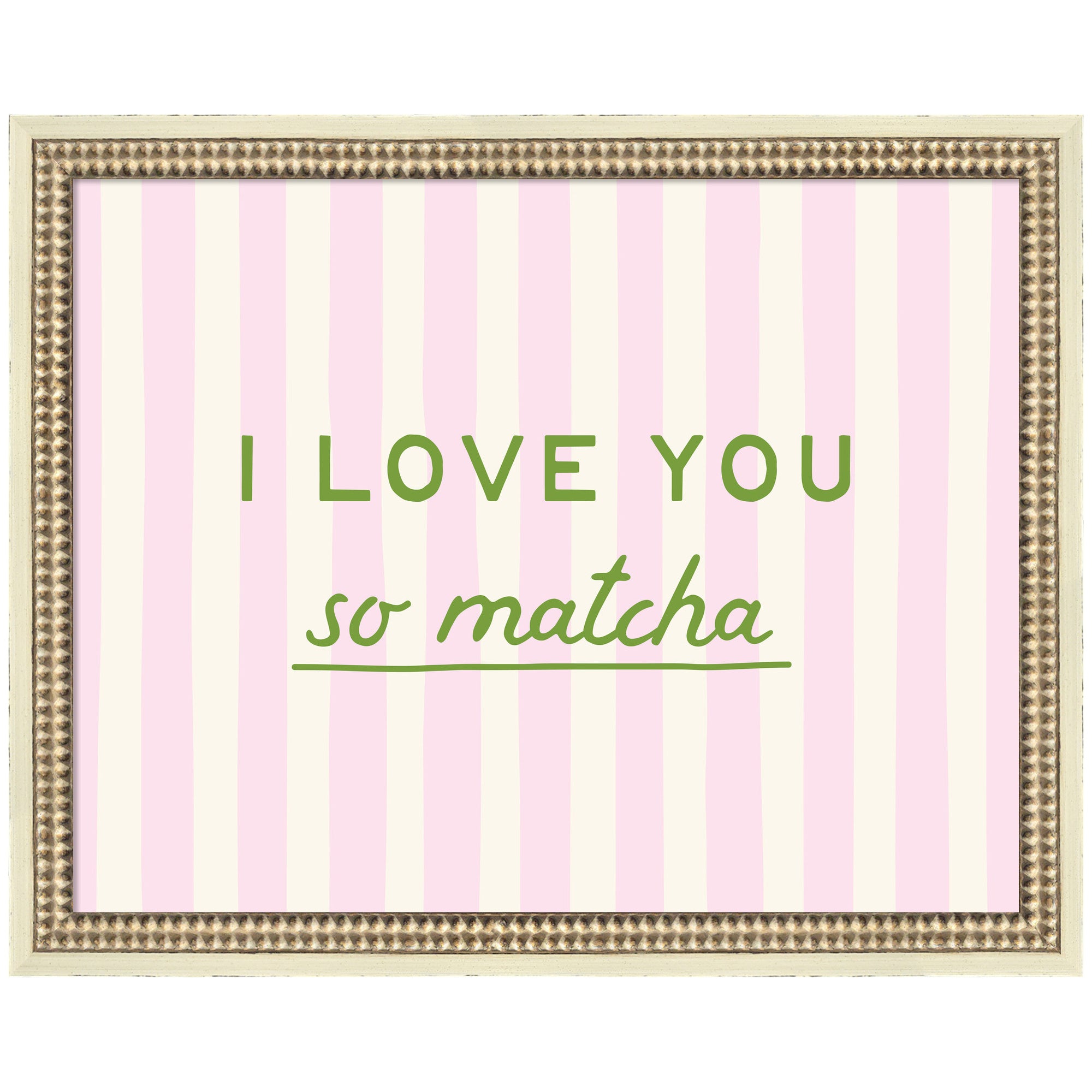 I Love You So Matcha Pink and Green Striped Kitchen Art Dopamine Decor for Home or Apartment by Lucky Guava Framed Wall Art Print