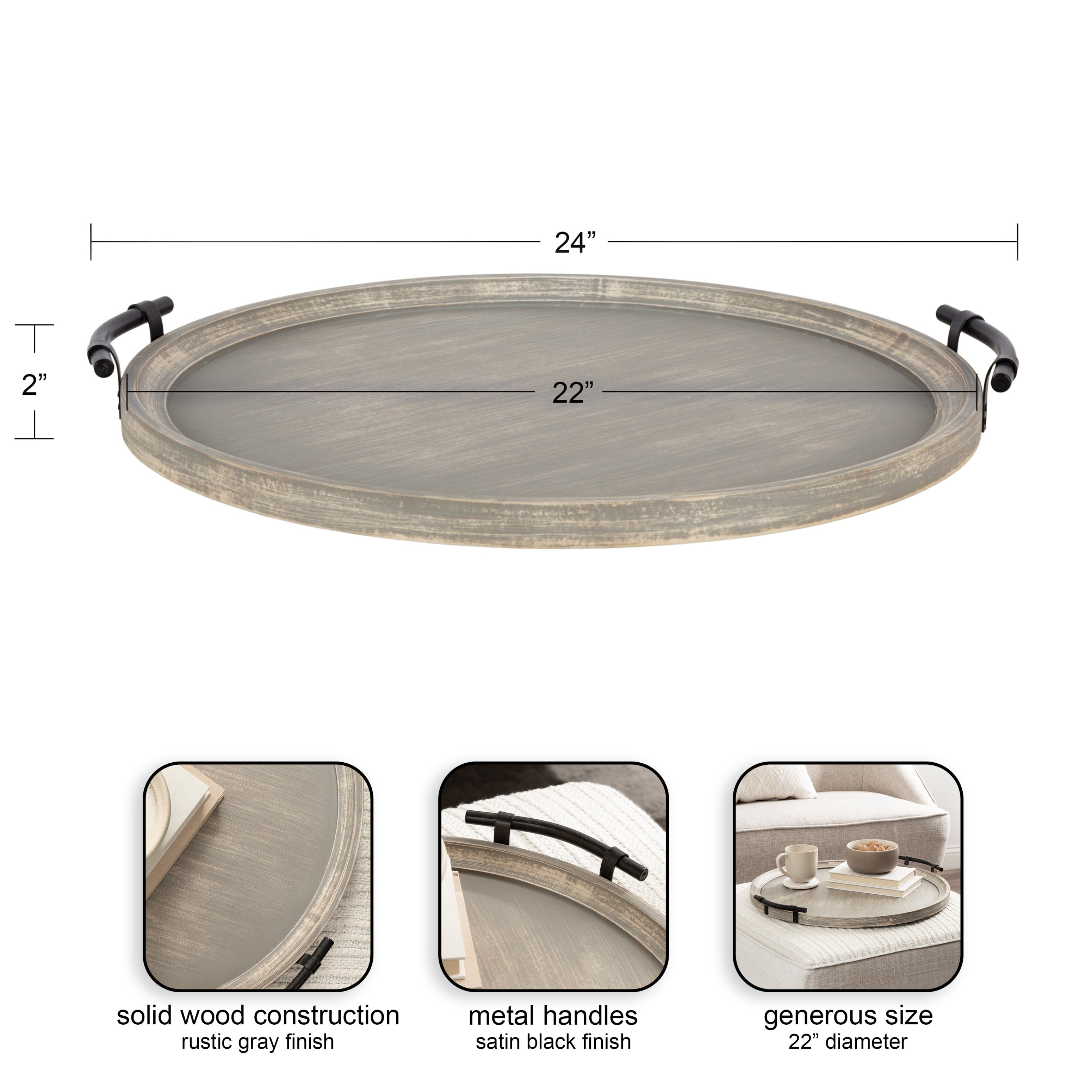 Kate and Laurel Bruillet Farmhouse Wood Round Ottoman Tray 24 x 22 Rustic Gray Circle Coffee Table Tray for Living Room Decor or Large Serving Tray kateandlaurel