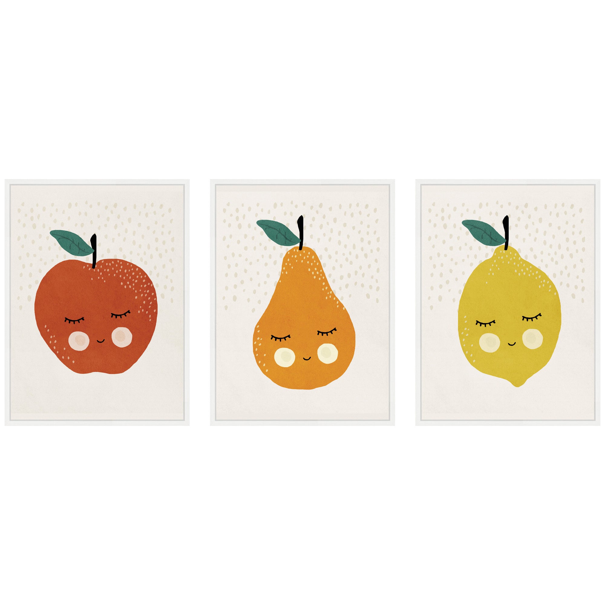 Cute Apple Lemon Pear 3 Piece Framed Canvas Wall Art Set by July Art Prints