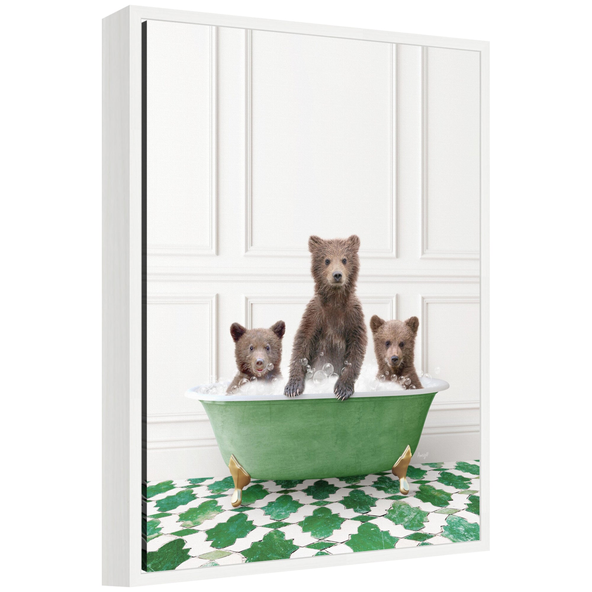 Sylvie Three Bear Cubs in Eclectic Green Panel Wall Bathtub Framed Canvas by Amy Peterson
