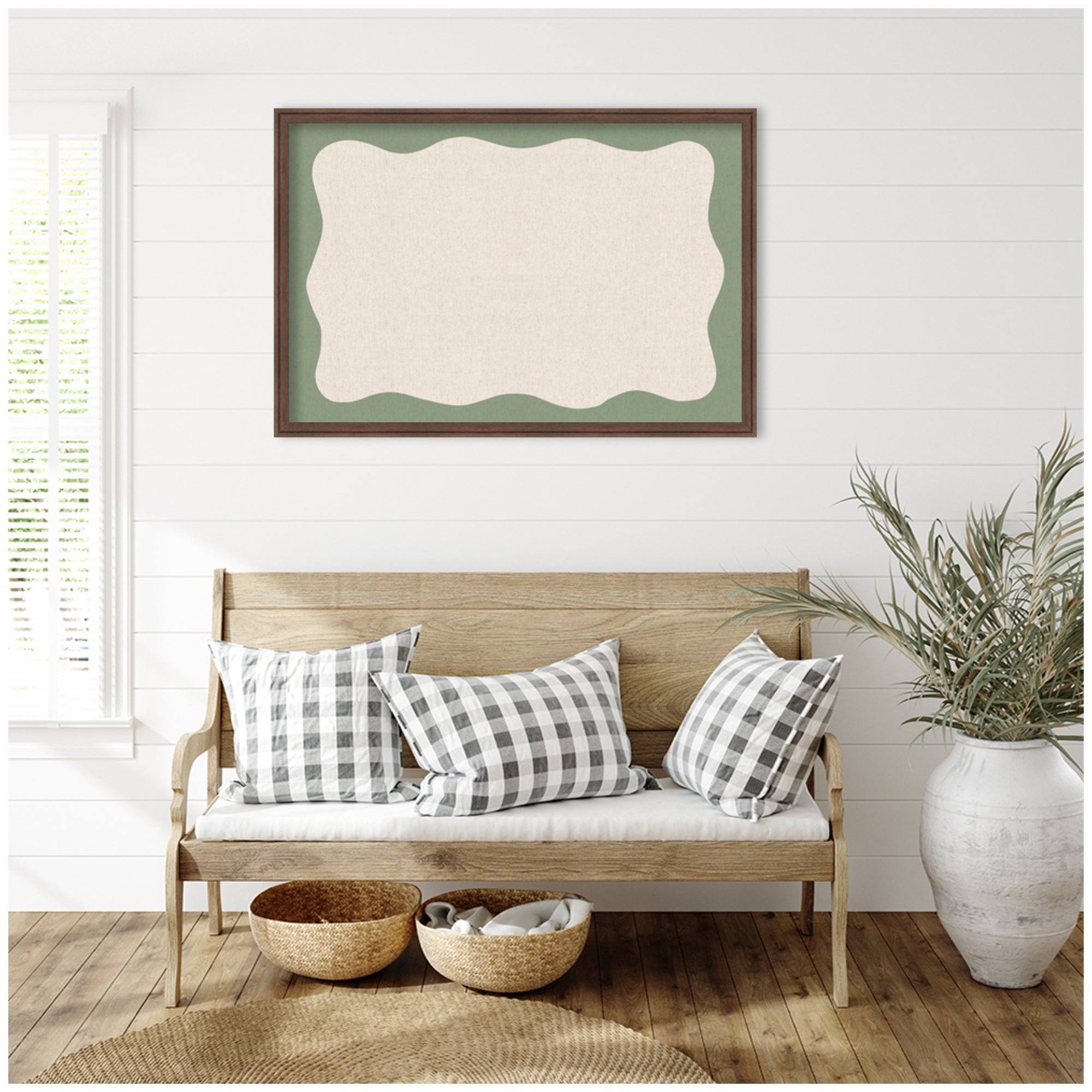 Framed Fabric Pinboard Wavy Neutral Linen and Green Wall Organization