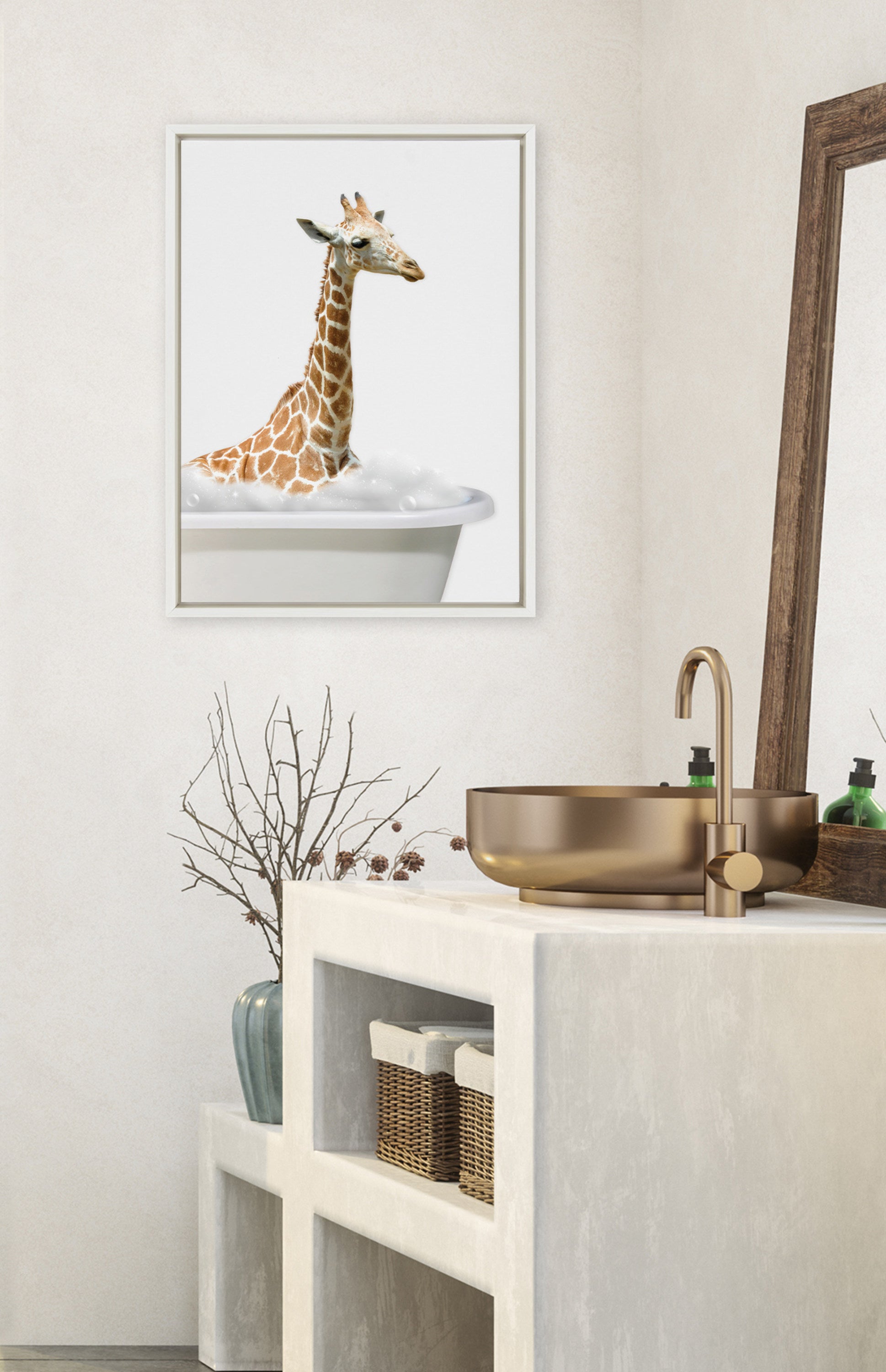 Sylvie Bathroom Bubble Bath Giraffe Framed Canvas by The Creative Bunch Studio