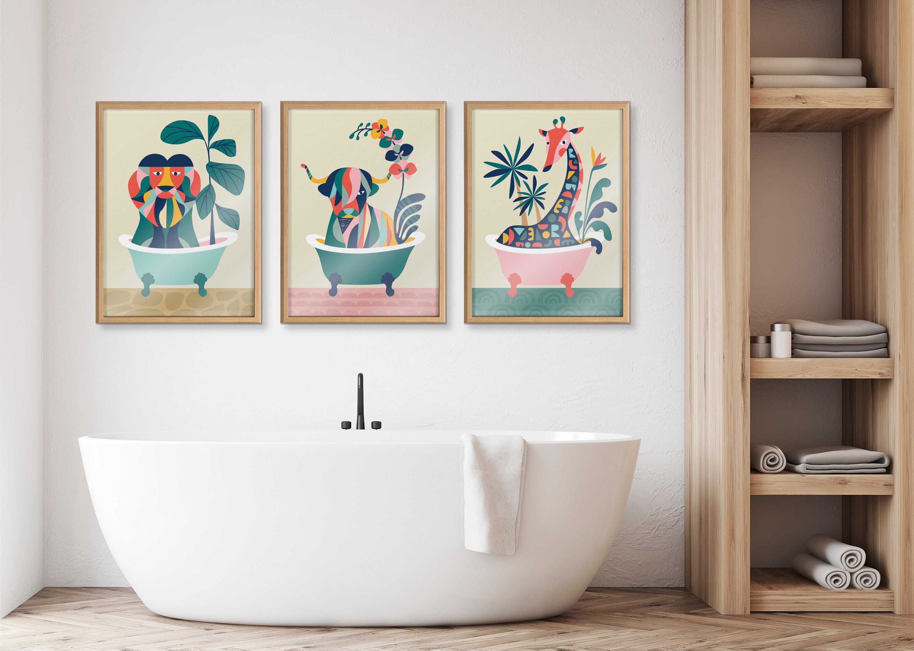 Blake Mid Century Modern Lion in Bathtub Framed Printed Glass by Rachel Lee of My Dream Wall