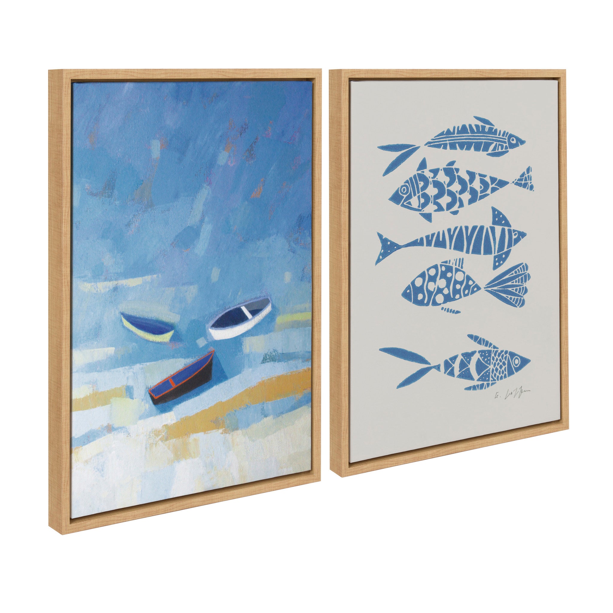 Sylvie Golden Dunes and Fishes Blue on Beige Framed Canvas Art Set by Giuliana Lazzerini