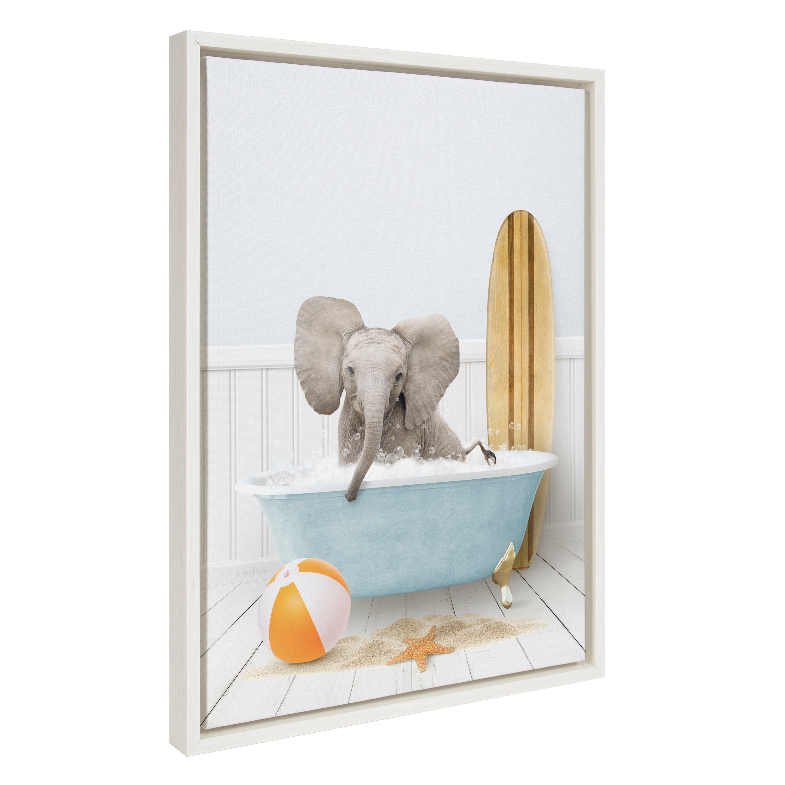 Sylvie Baby Elephant Beach House Bath with Surfboard Framed Canvas by Amy Peterson