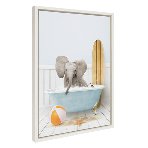 Sylvie Baby Elephant Beach House Bath with Surfboard Framed Canvas by Amy Peterson