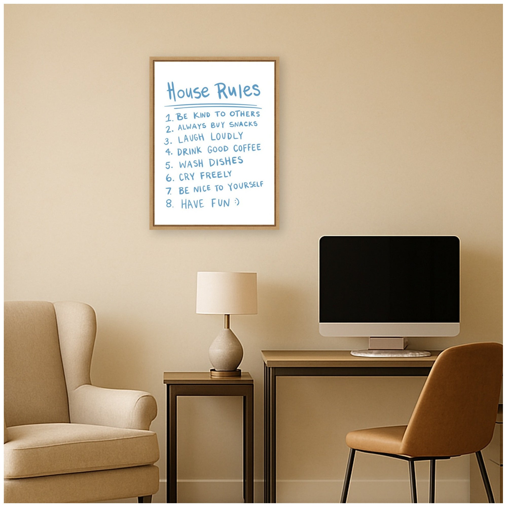 House Rules Light Blue by Megan Ryan Framed Canvas Wall Art Print