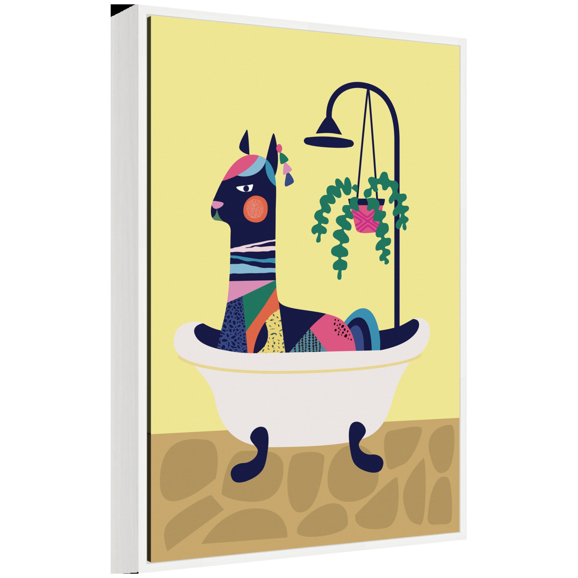 Sylvie Modern Yellow Llama in Bathtub Framed Canvas by Rachel Lee
