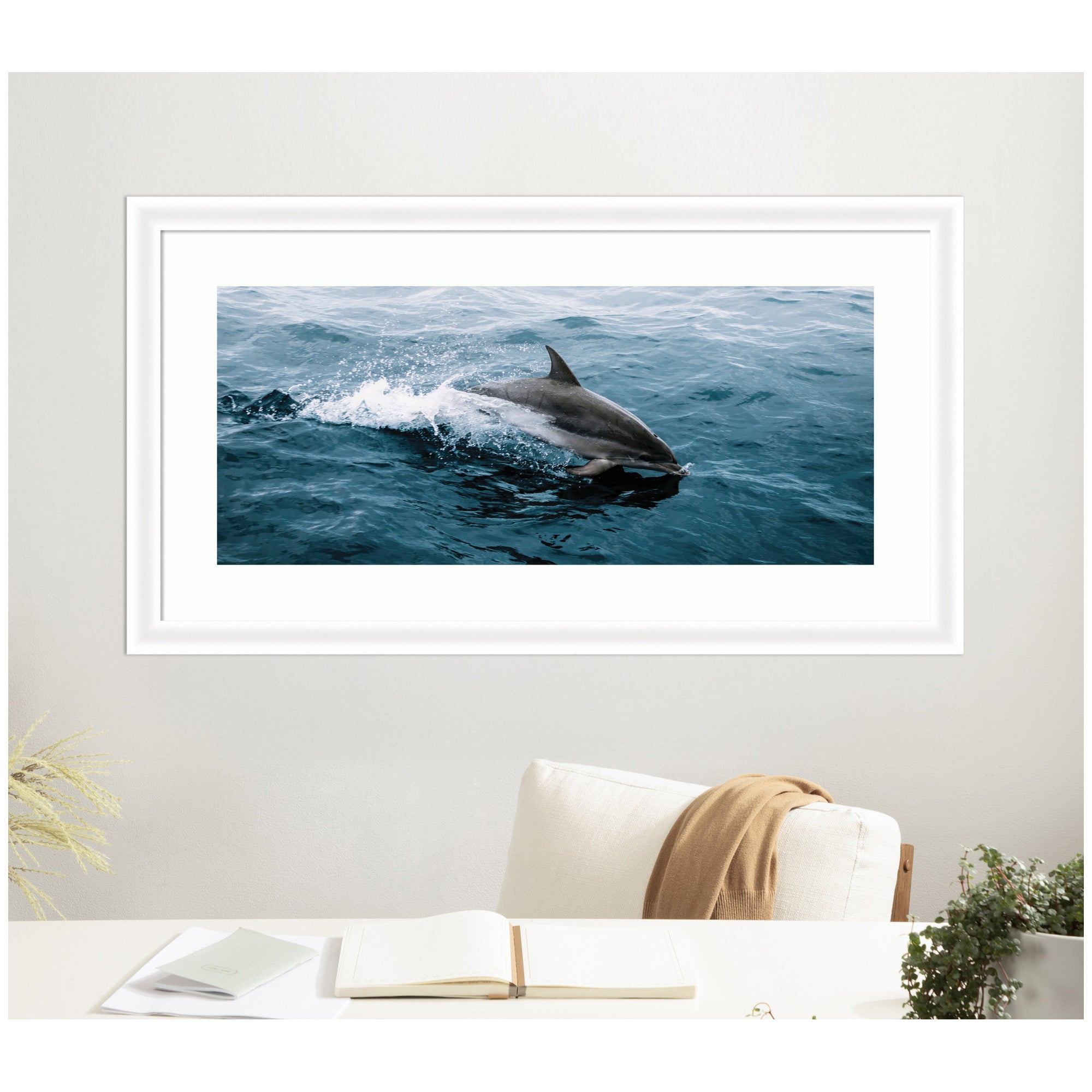 Framed Art Dolphin Skipping along in the Ocean Panel by Michael Schauer