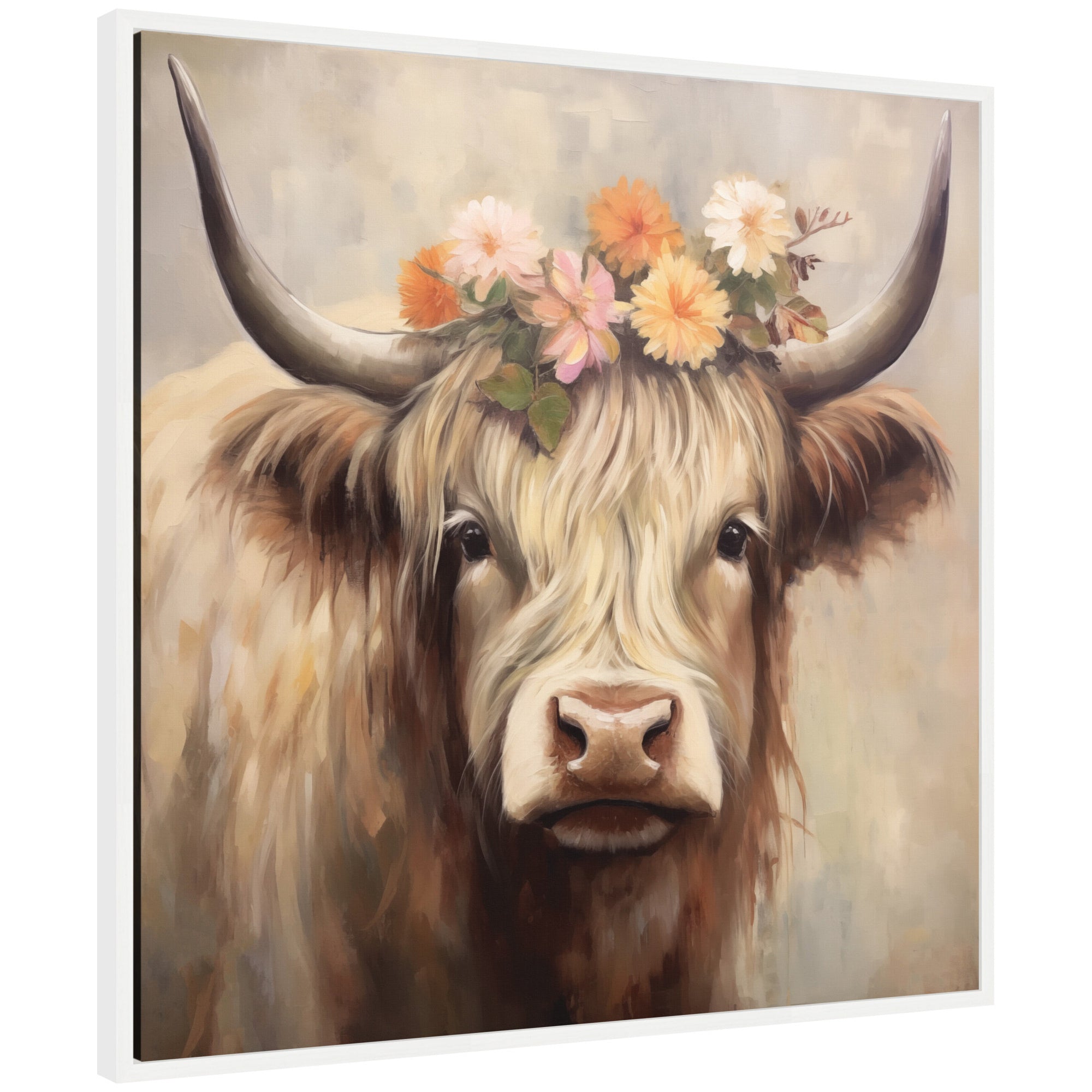 Sylvie Adorable Floral Boho Highland Cow Framed Canvas by The Creative Bunch Studio