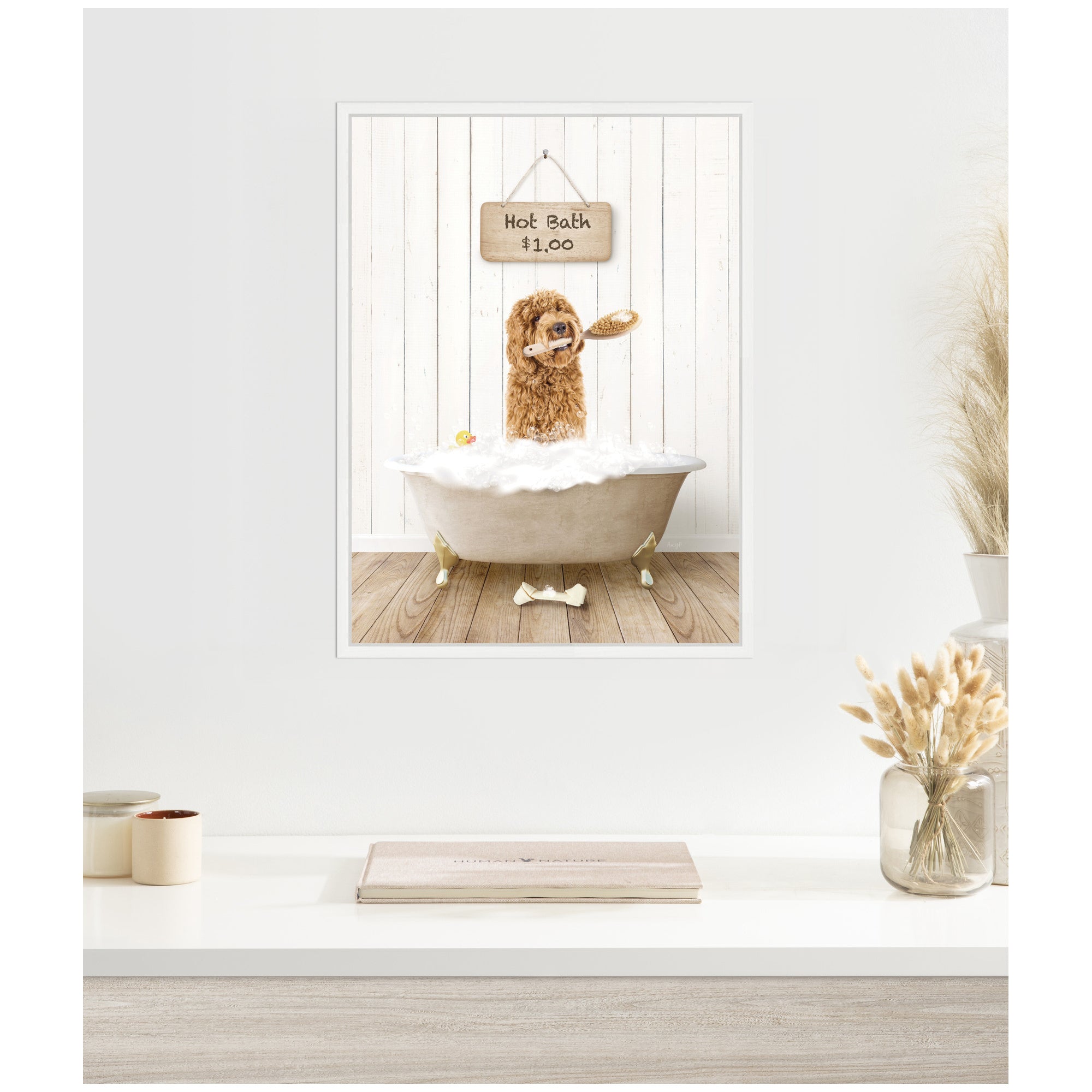 Sylvie Golden Labradoodle in Hot Bath Framed Canvas by Amy Peterson