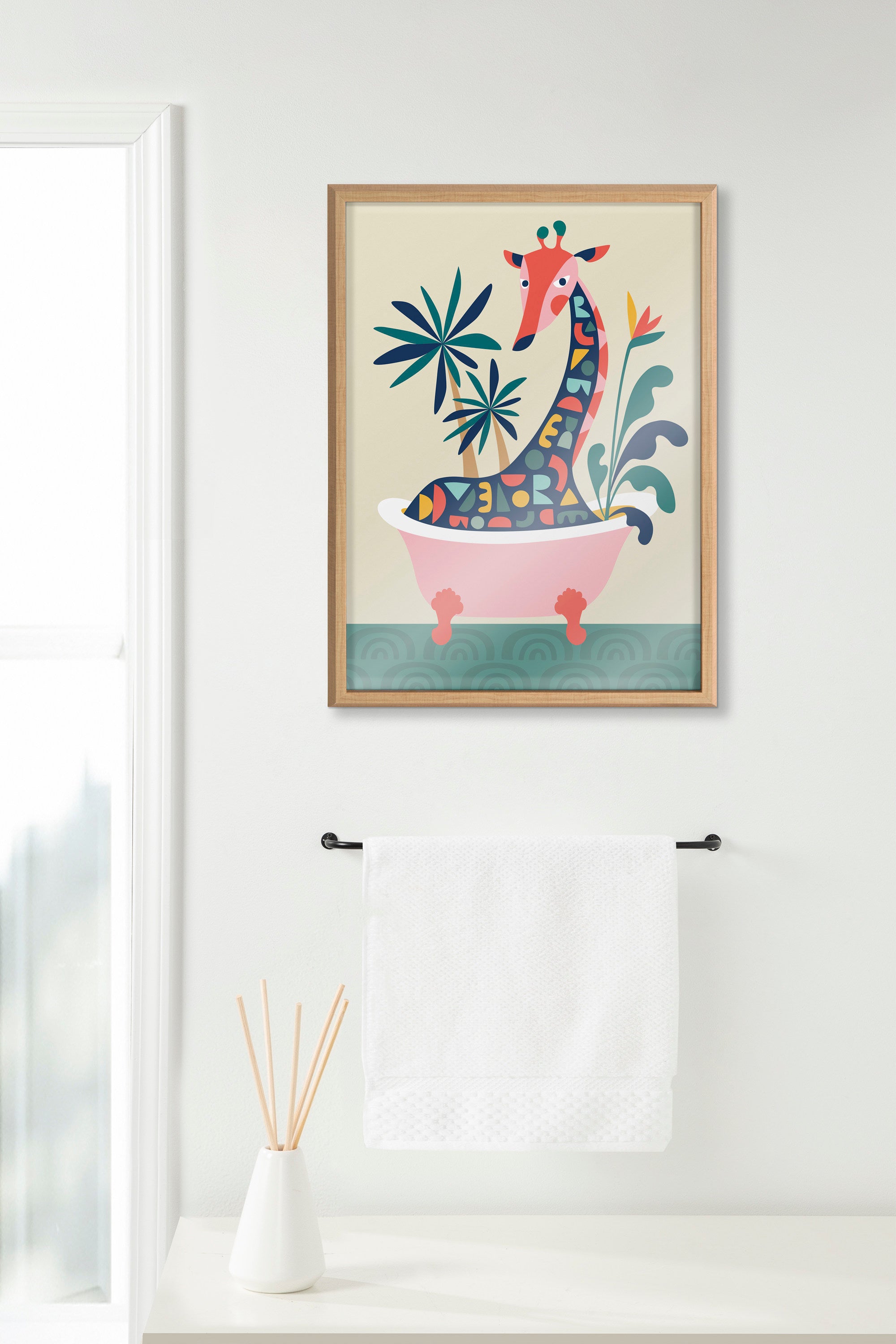 Blake Mid Century Modern Giraffe in Bathtub Framed Printed Glass by Rachel Lee of My Dream Wall