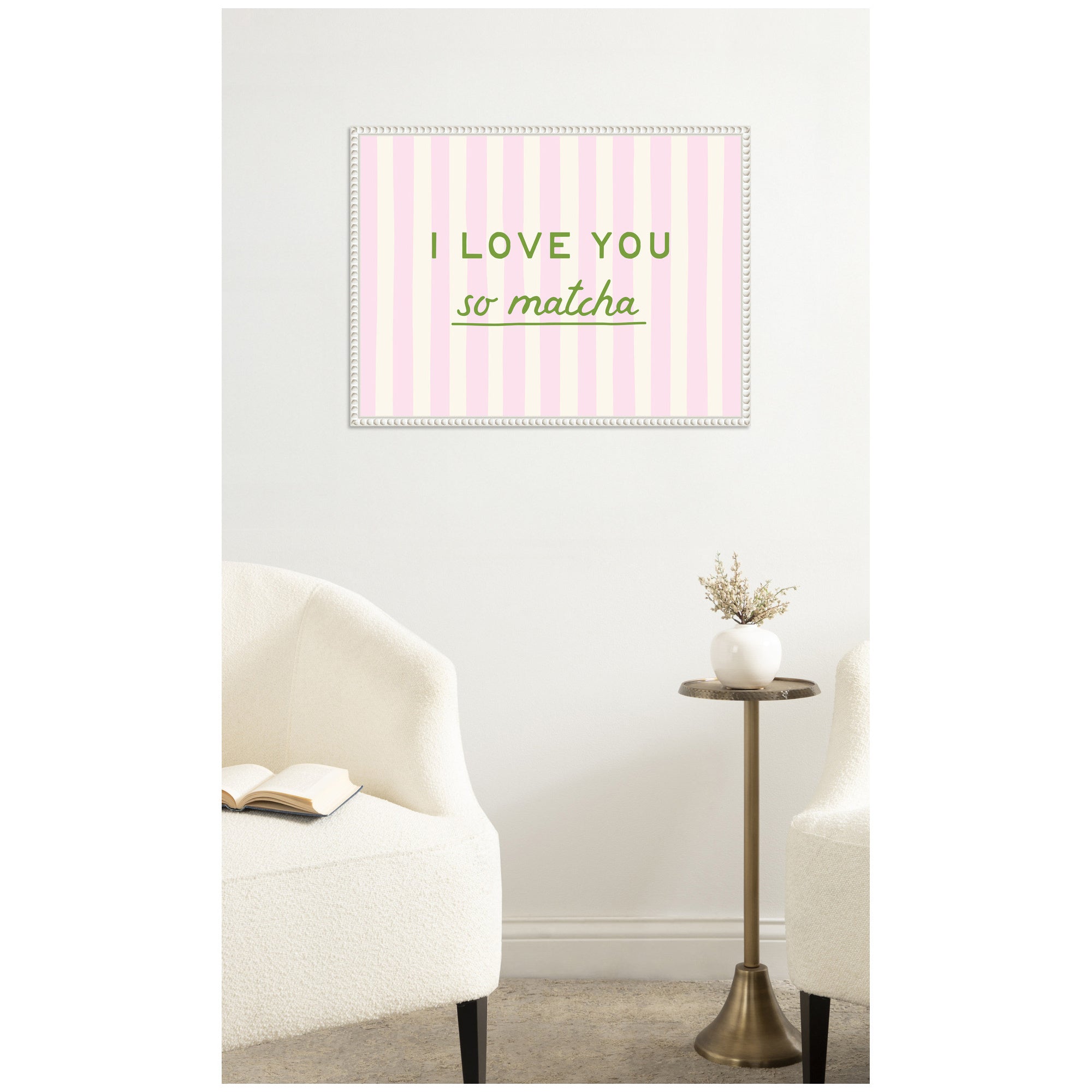 I Love You So Matcha Pink and Green Striped Kitchen Art Dopamine Decor for Home or Apartment by Lucky Guava Framed Canvas Wall Art Print