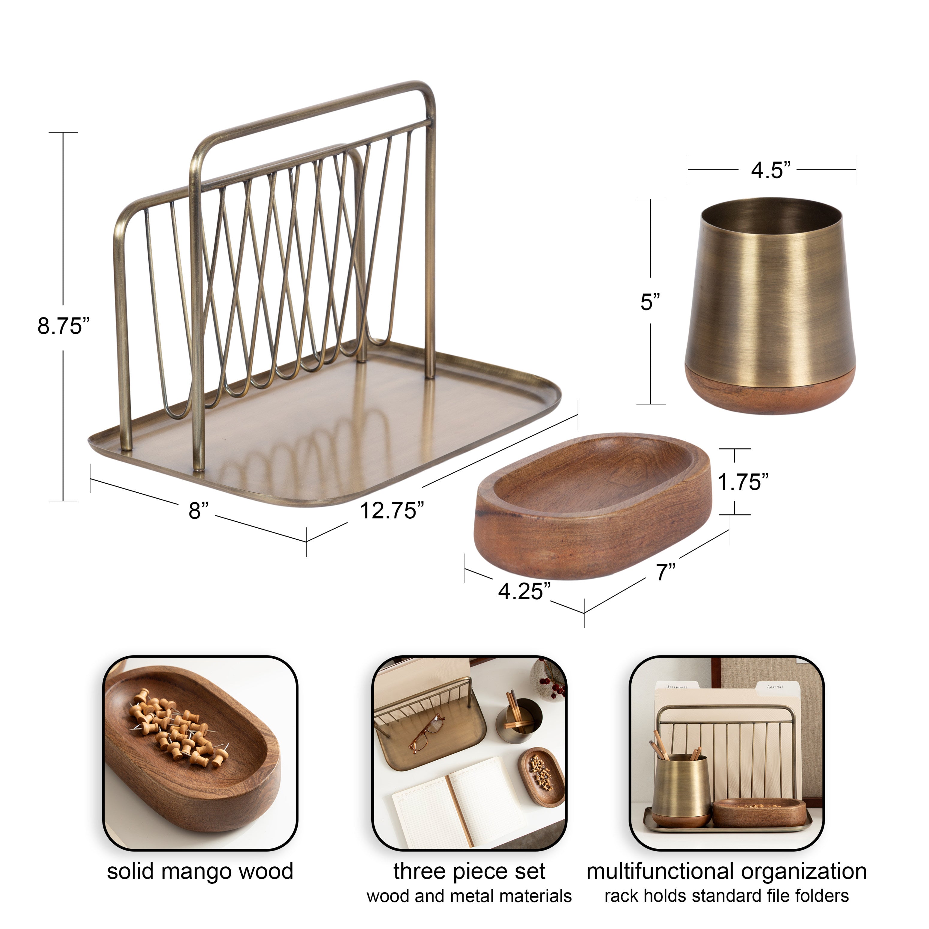 File Folder Organizer Walnut Brown Gold 3 Piece 2