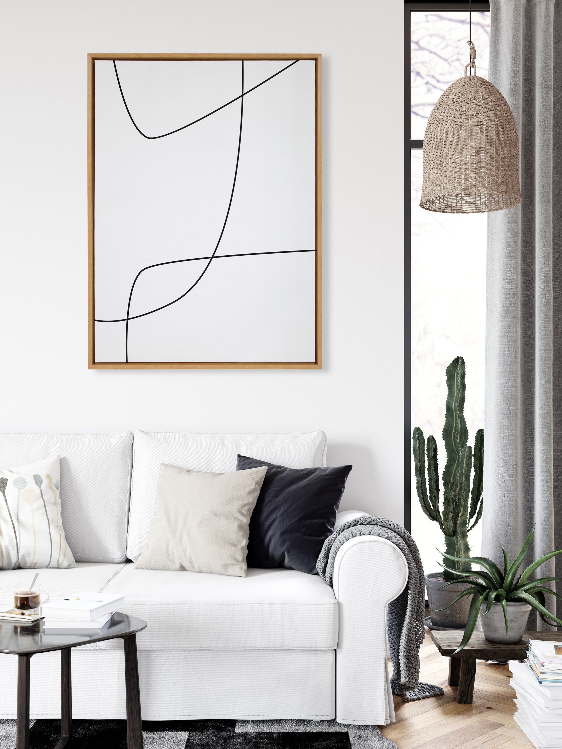 Sylvie Modern Line Abstract 3 BW Framed Canvas by The Creative Bunch Studio