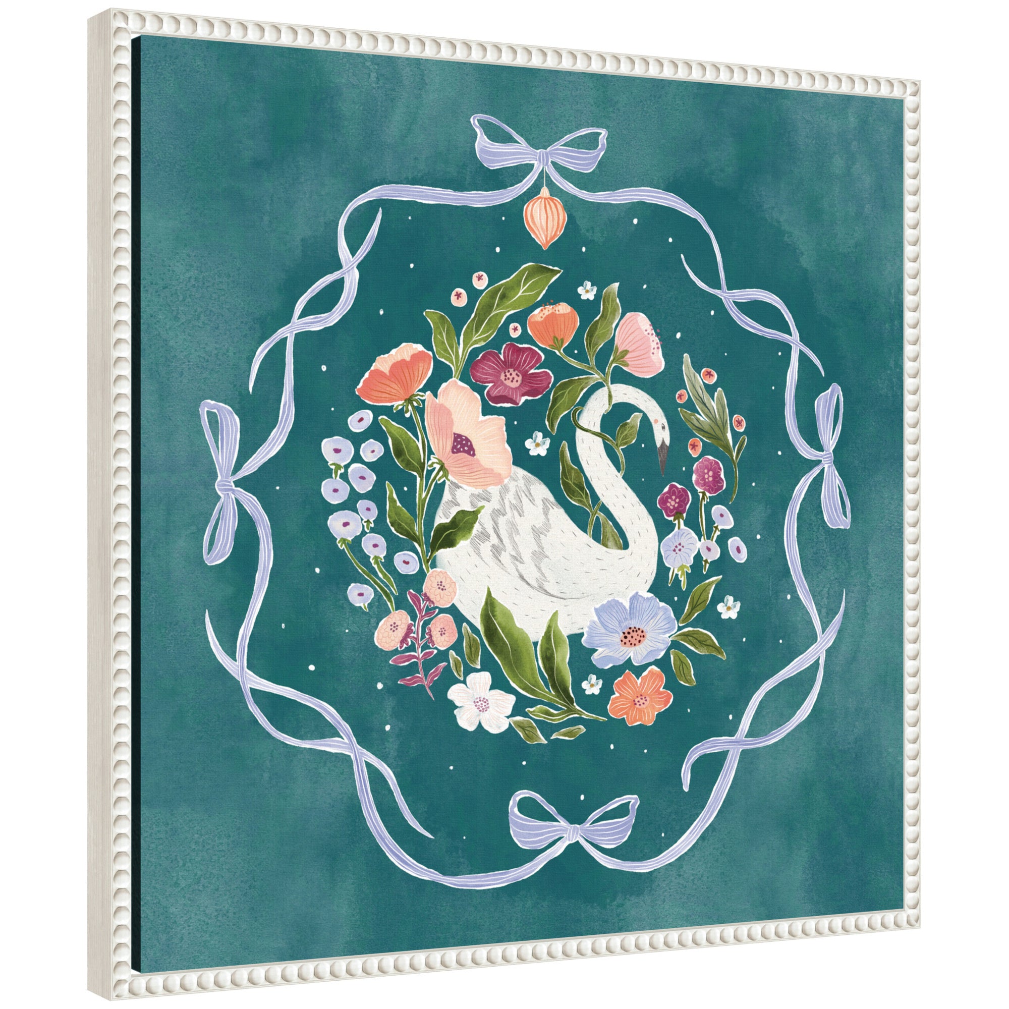 Swan Floral and Bows by Jill Labieniec Framed Canvas Wall Art Print