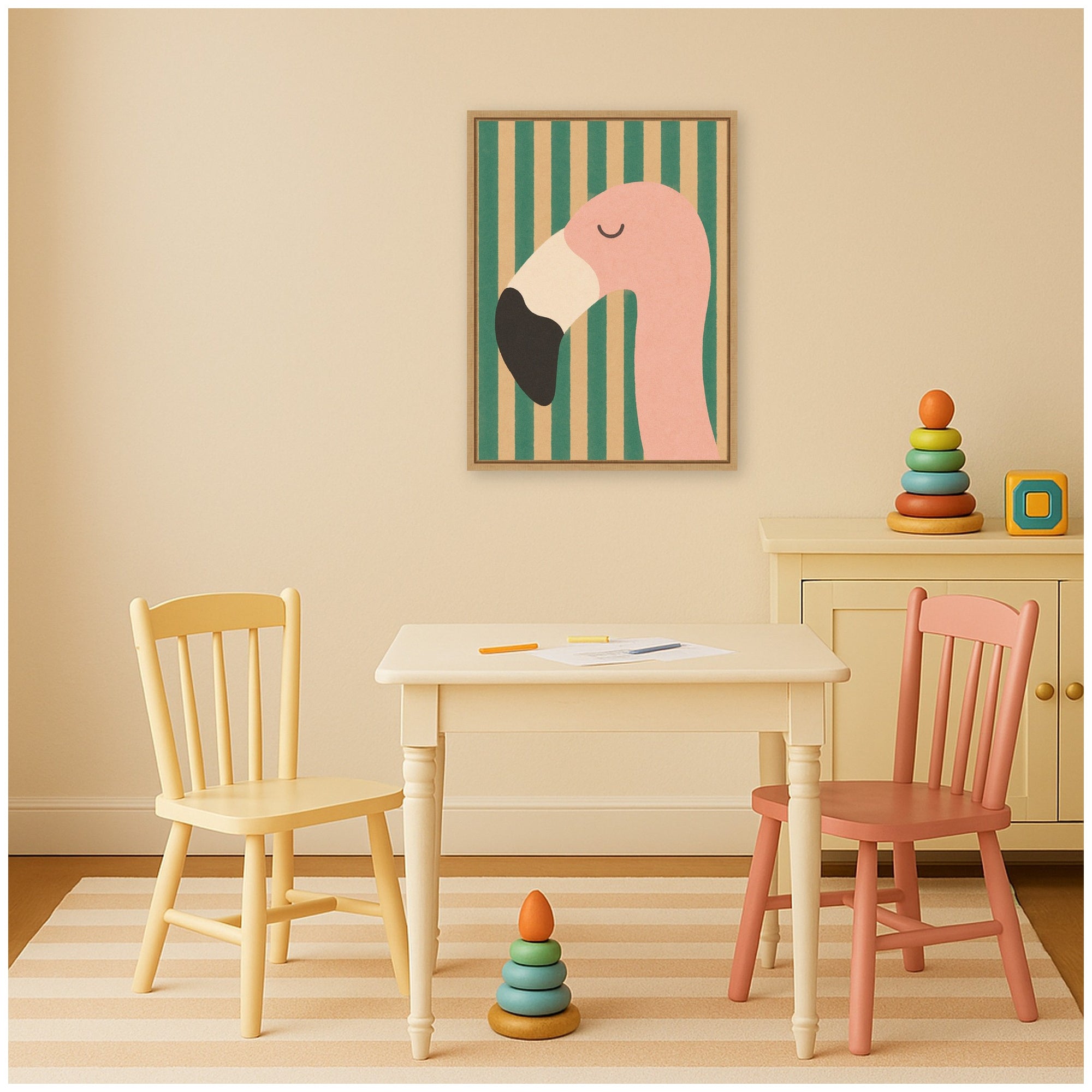 Flamingo Minimalist Pink Stripes by Laura Moss Framed Canvas Wall Art Print
