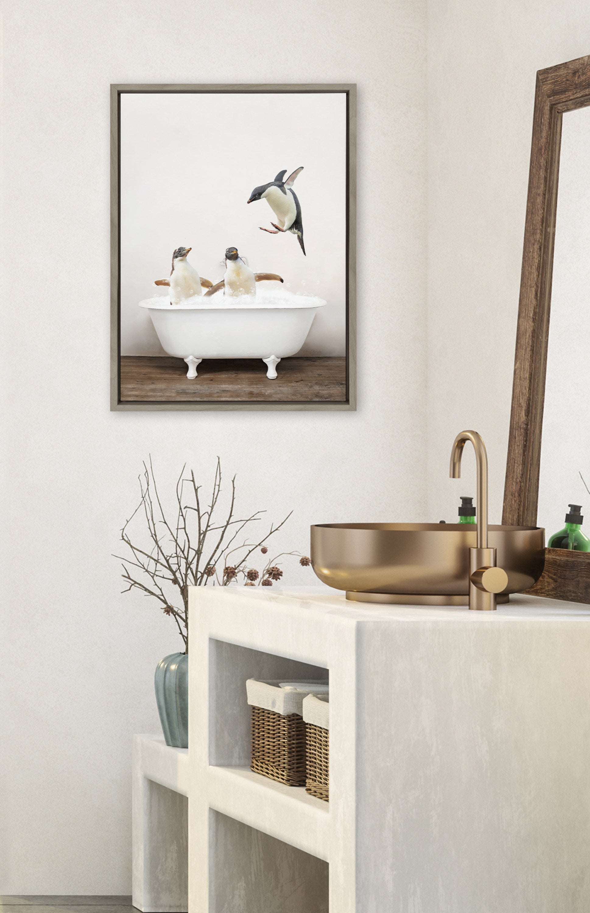 Sylvie Penguins Playing in Rustic Bath Framed Canvas by Amy Peterson Art Studio