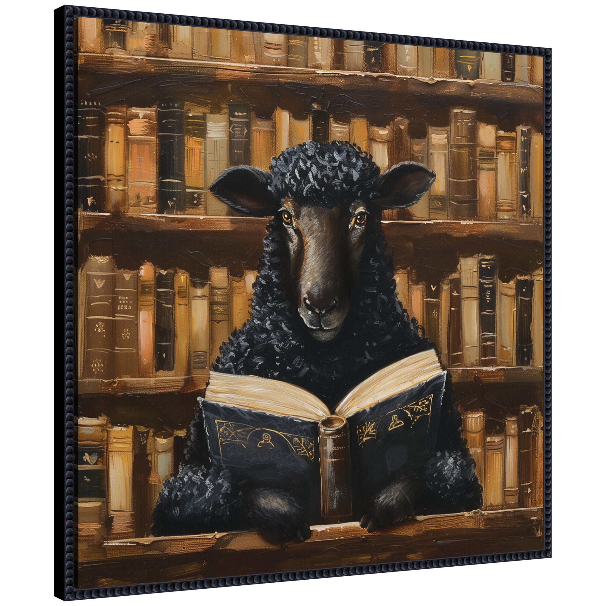 Sylvie Traditional Black Sheep Reading in Vintage Library Framed Canvas by The Creative Bunch Studio