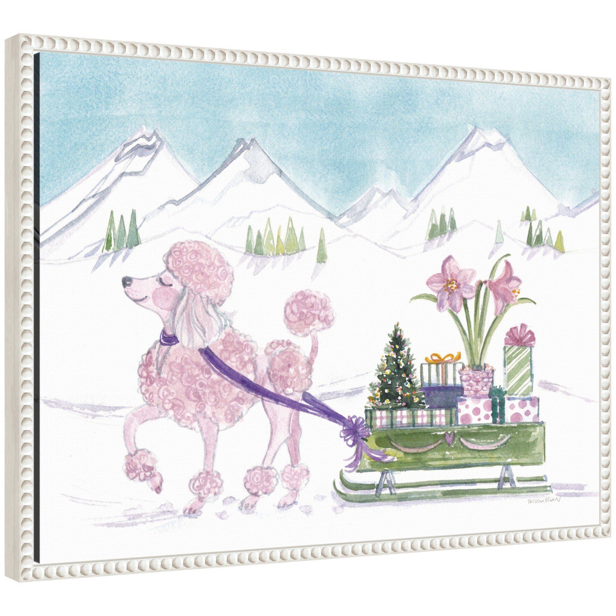 Sylvie Beaded Pink Poodle and Present Sled Framed Canvas by Patricia Shaw