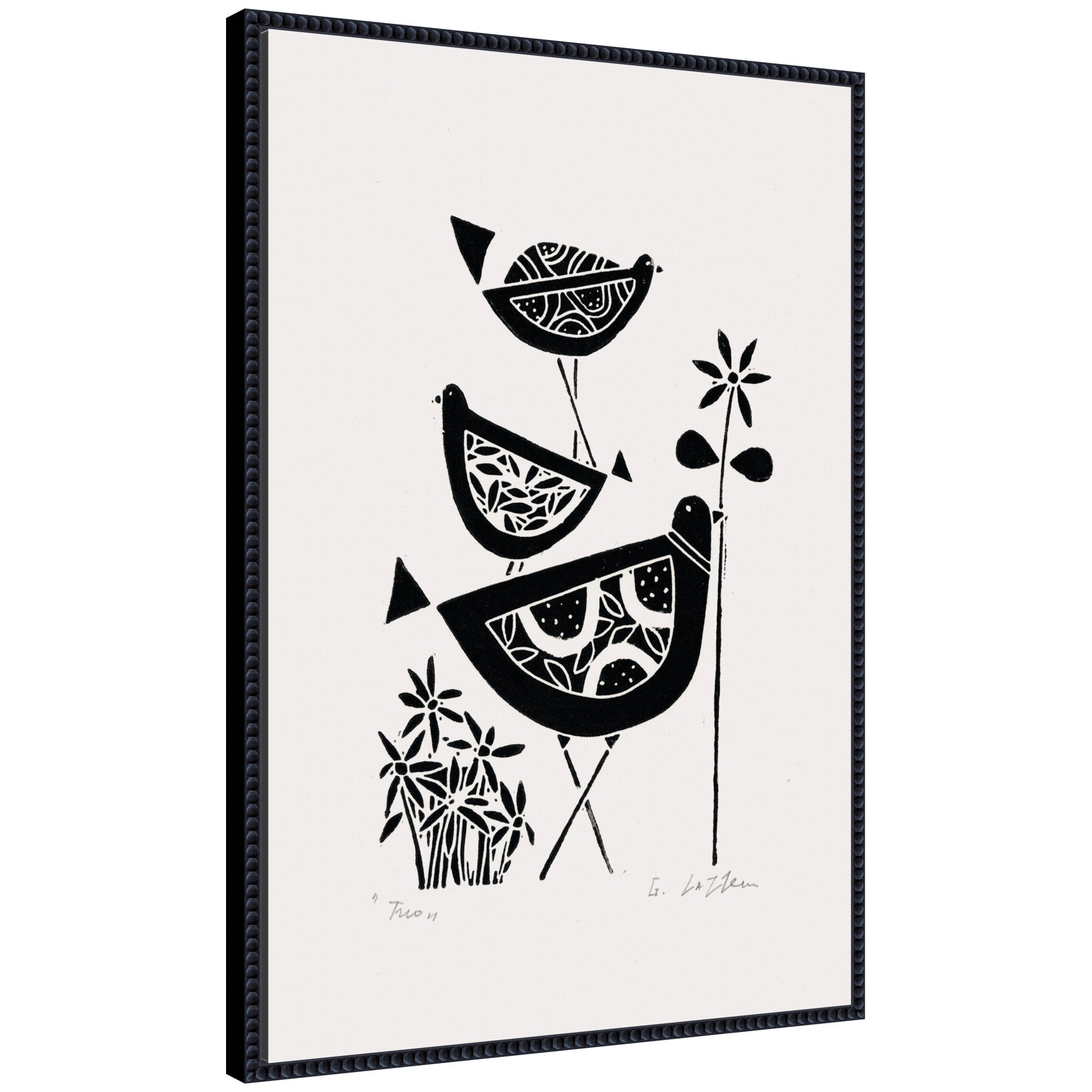Sylvie Folk Bird Family Trio Linocut Framed Canvas by Giuliana Lazzerini