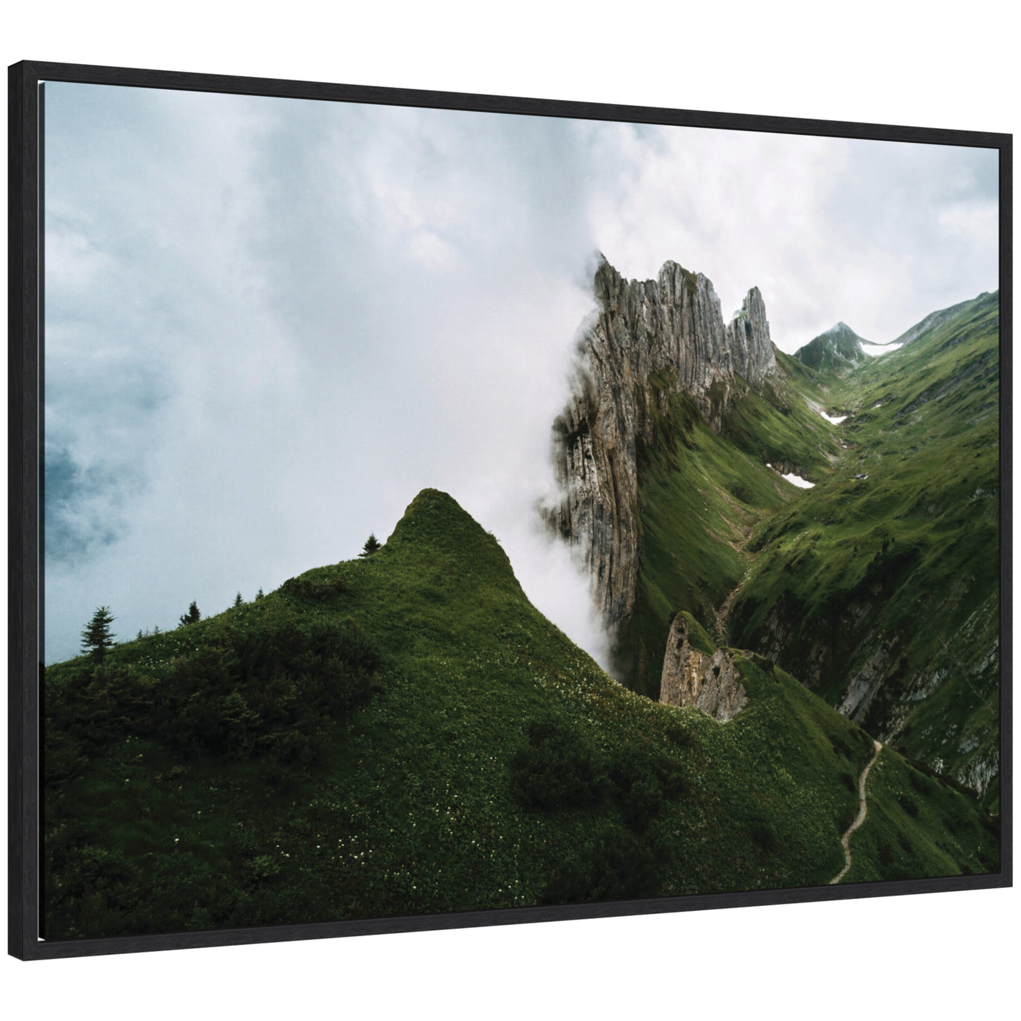 Sylvie Mountain Ridge and Green Meadow on a Cloudy Day Framed Canvas by Michael Schauer