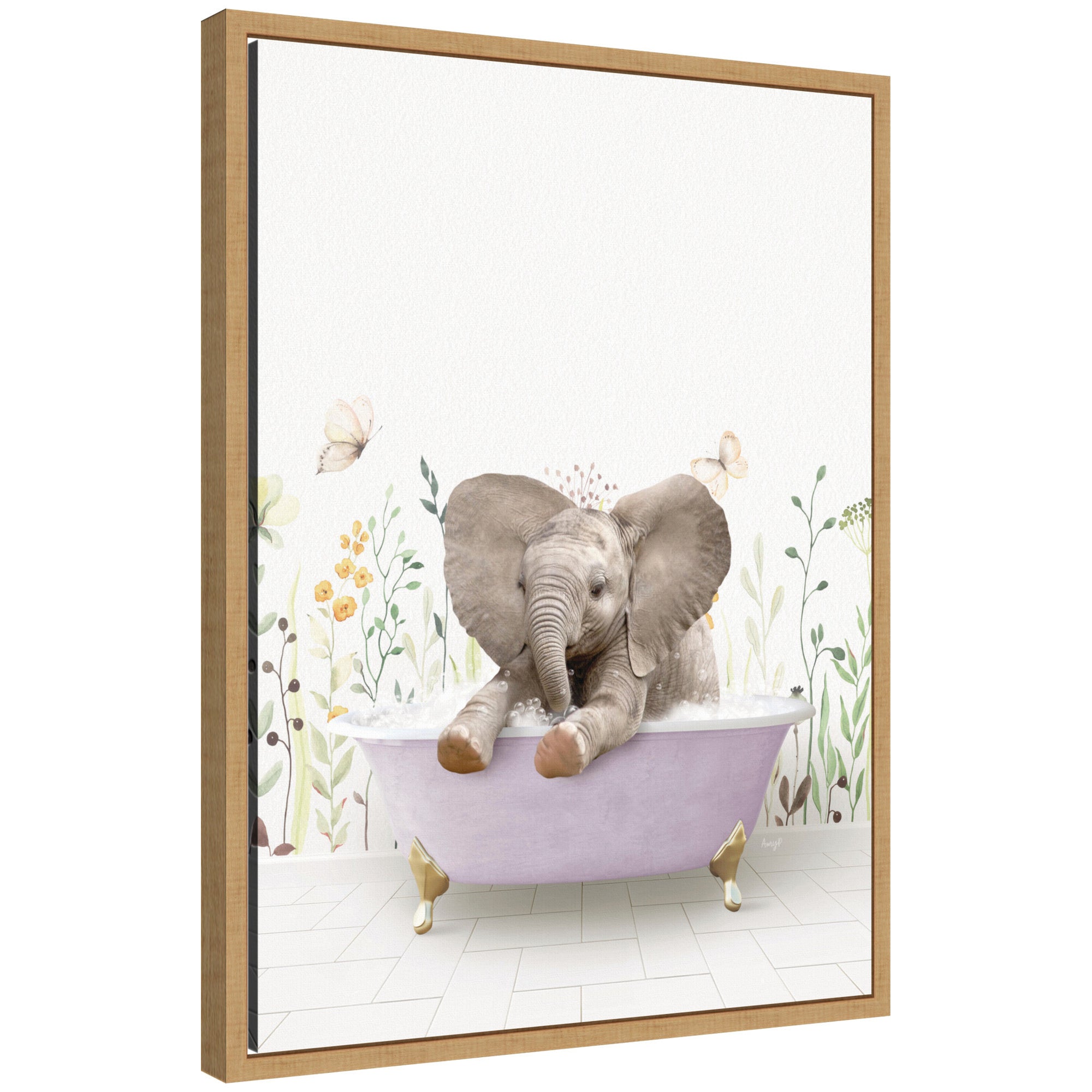 Sylvie Baby Elephant 6 in Spring Bathtub Framed Canvas by Amy Peterson