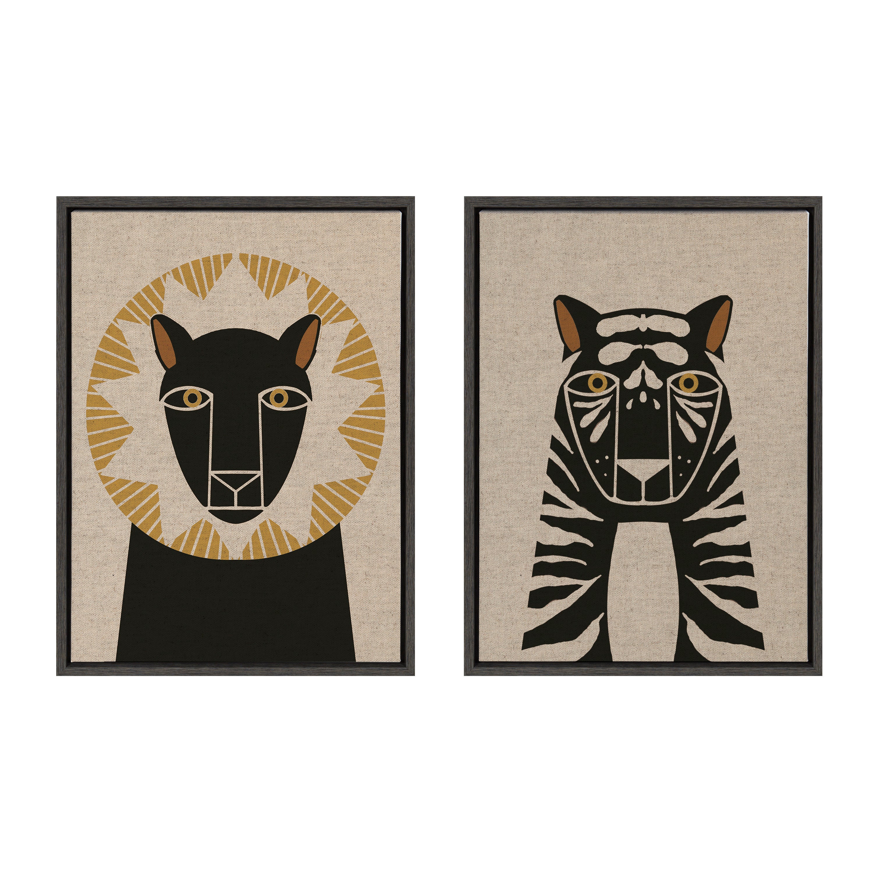 Sylvie Lion Profile Neutral Linen and Tiger Profile Neutral Linen Framed Canvas Art Set by Hannah Beisang