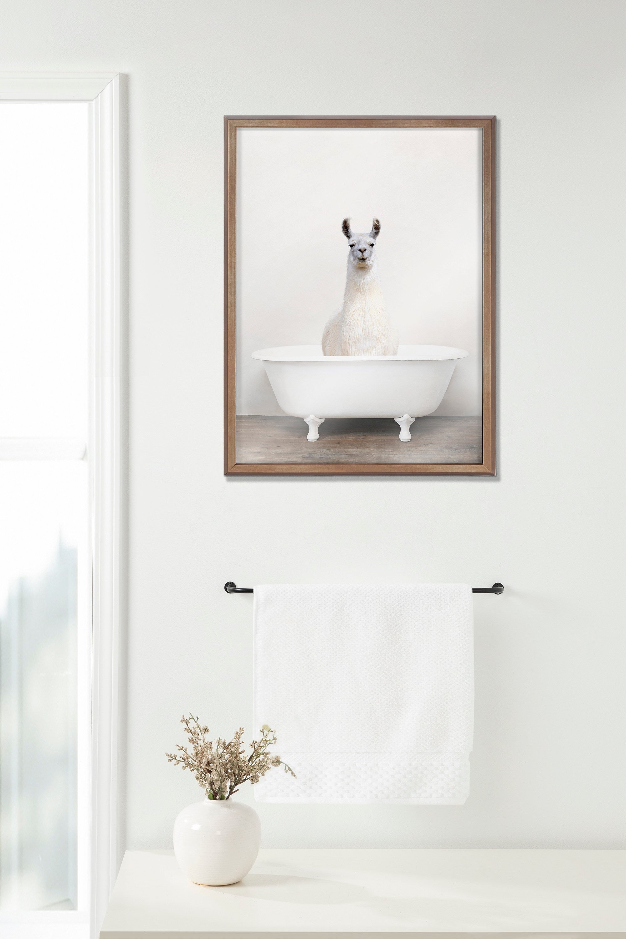 Blake Alpaca in the Tub Color Framed Printed Glass by Amy Peterson Art Studio