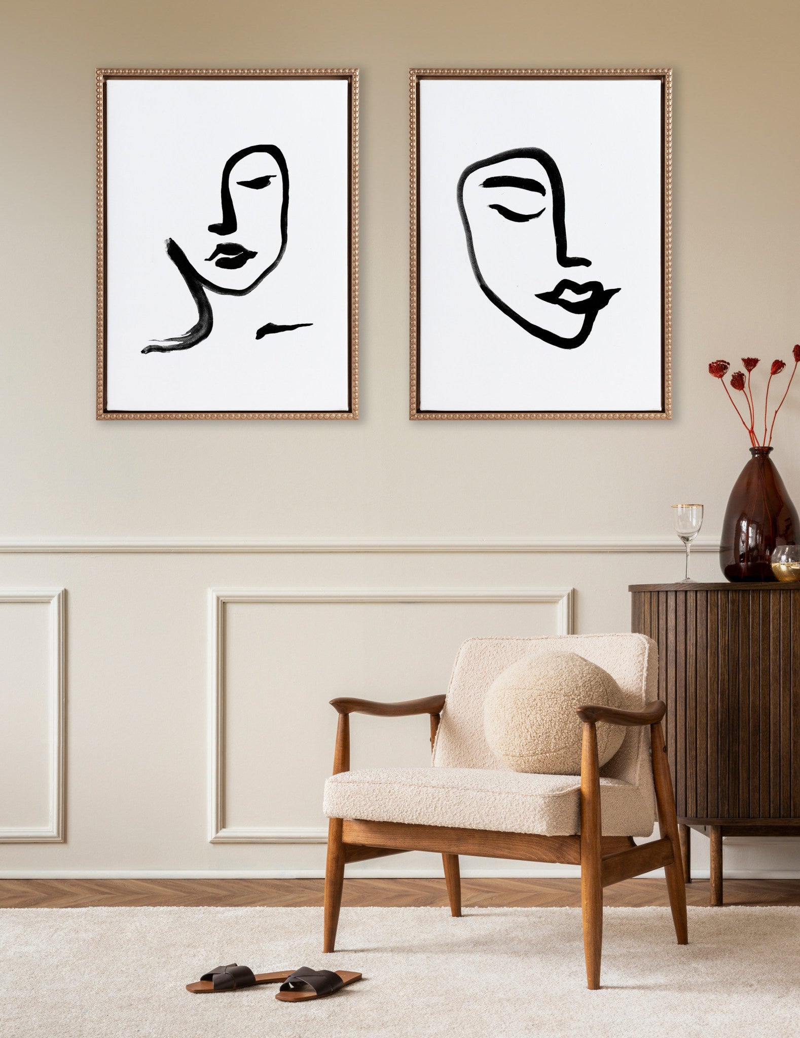 Sylvie Beaded Woman Face Art and Face Line Art Framed Canvas Art Set by Viola Kreczmer
